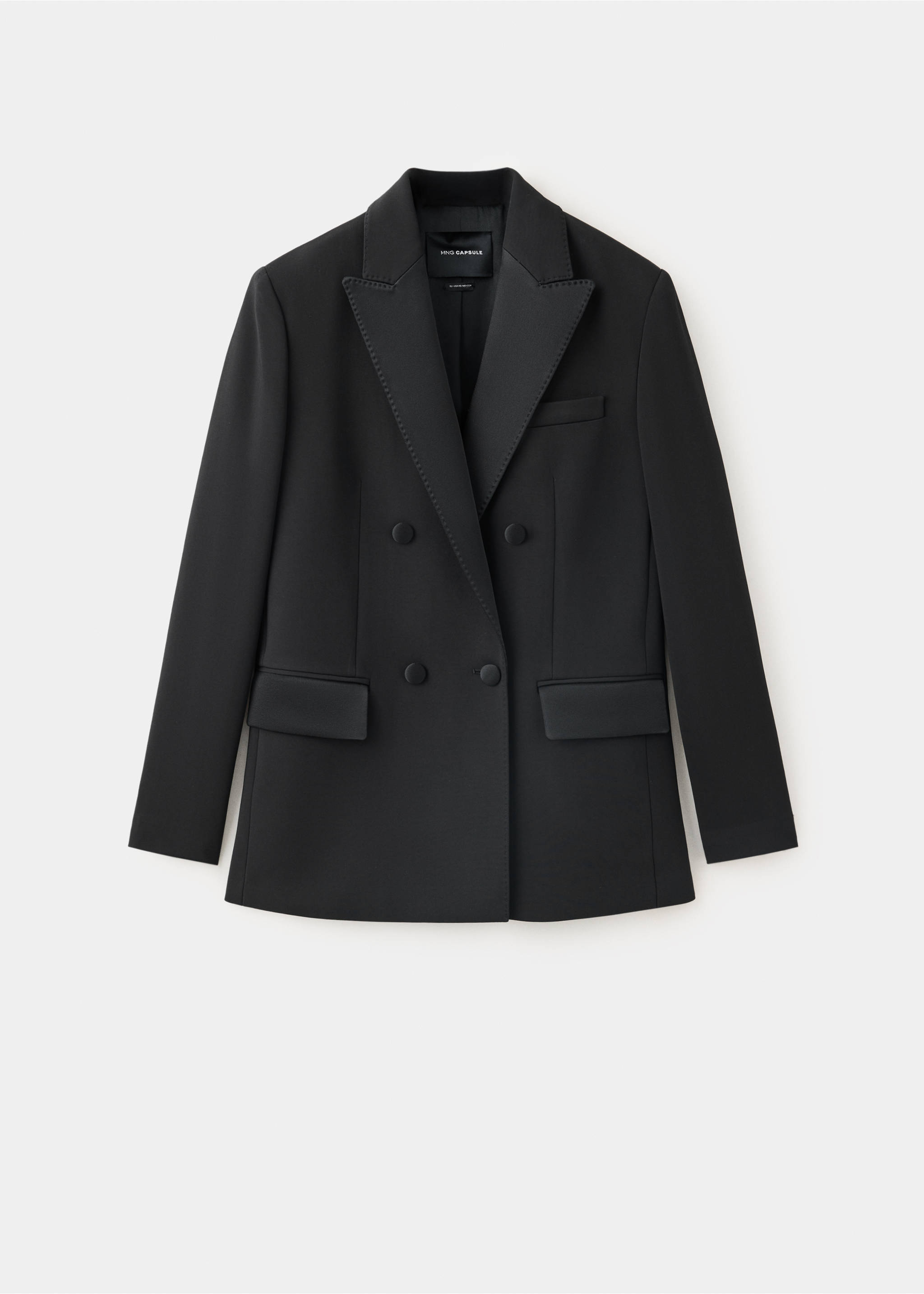Black double-breasted blazer with satin lapels and covered buttons., Black. Ref: 47061470-00.