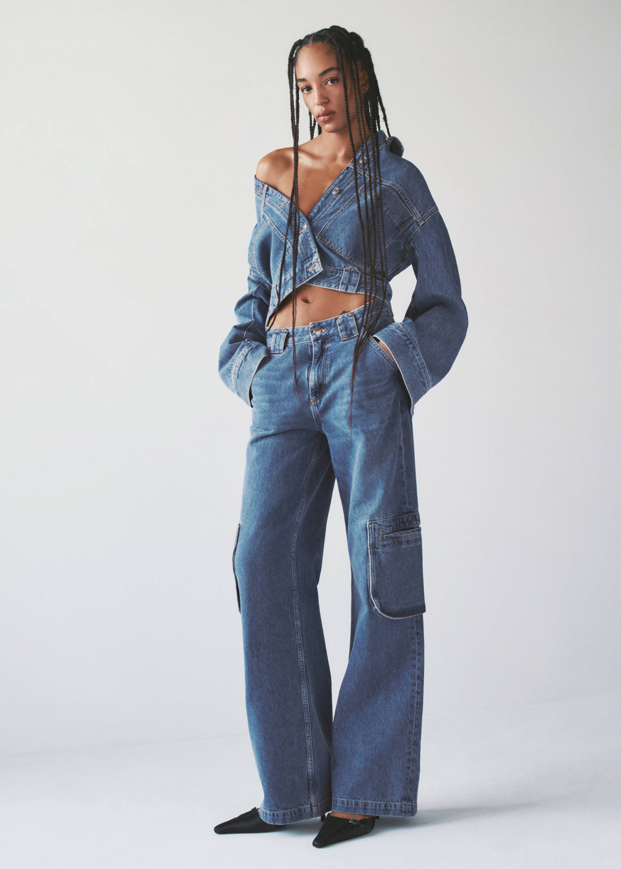 多口袋工装牛仔裤 - null