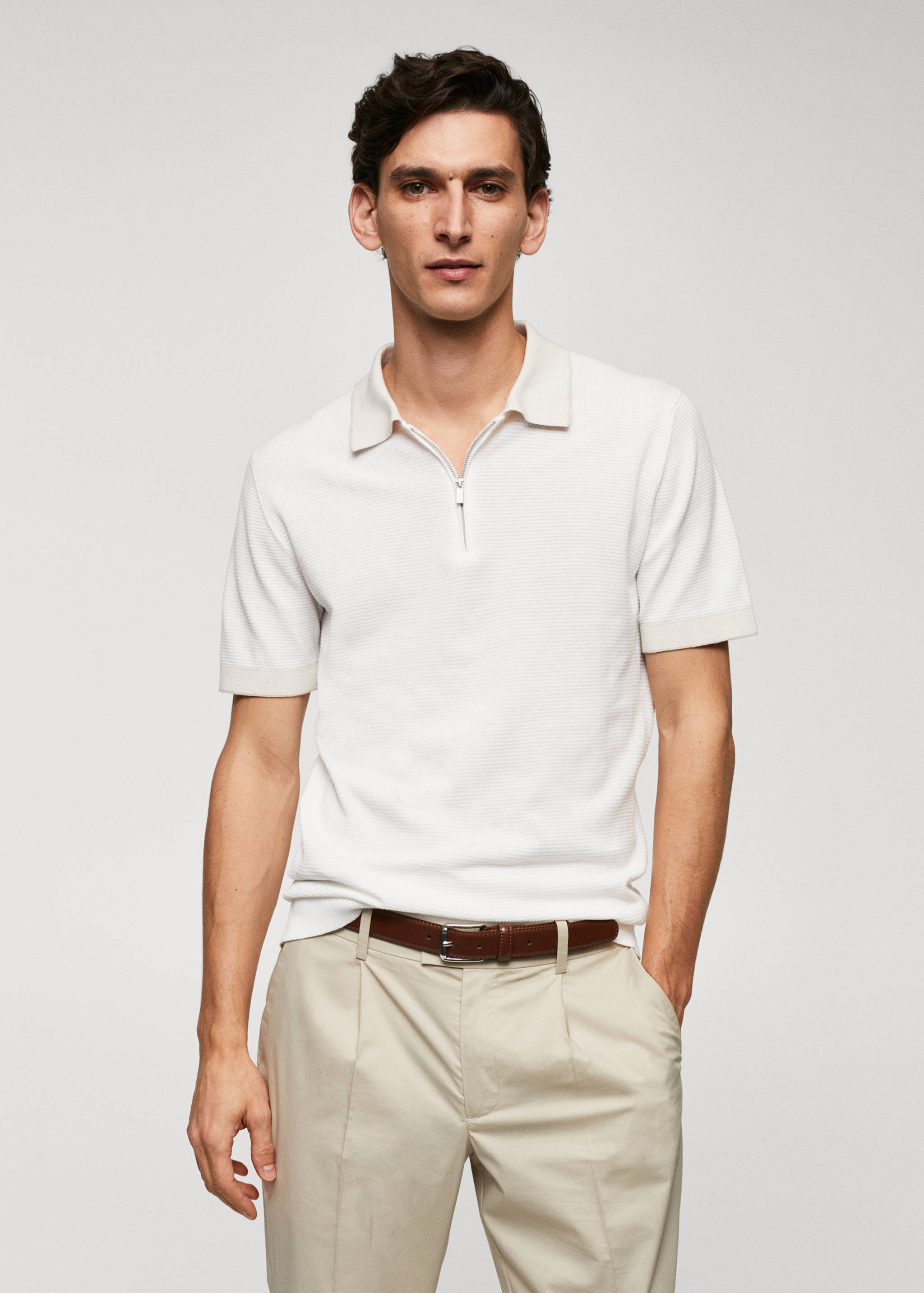 Fine-knit polo shirt with zip - Medium plane