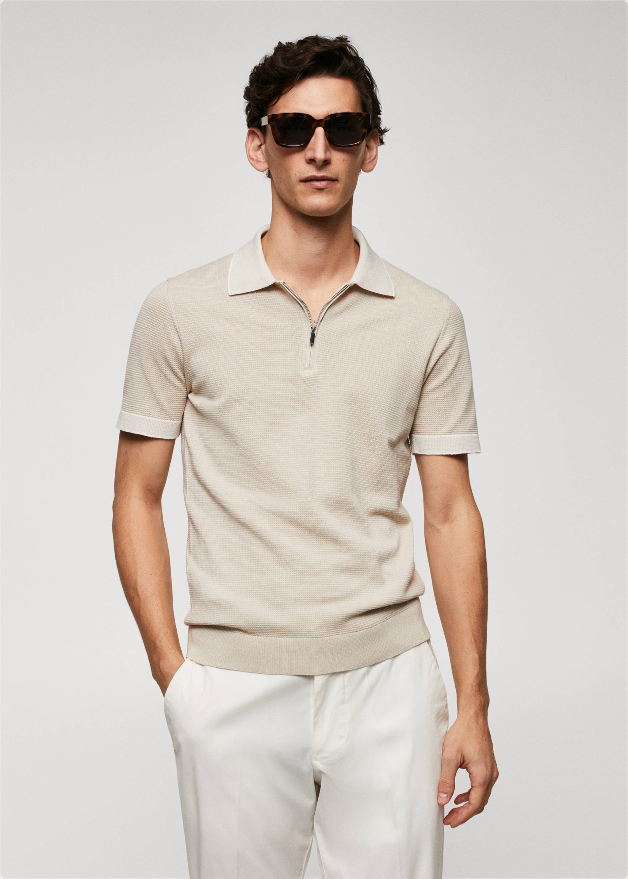 Fine-knit polo shirt with zip - Medium plane