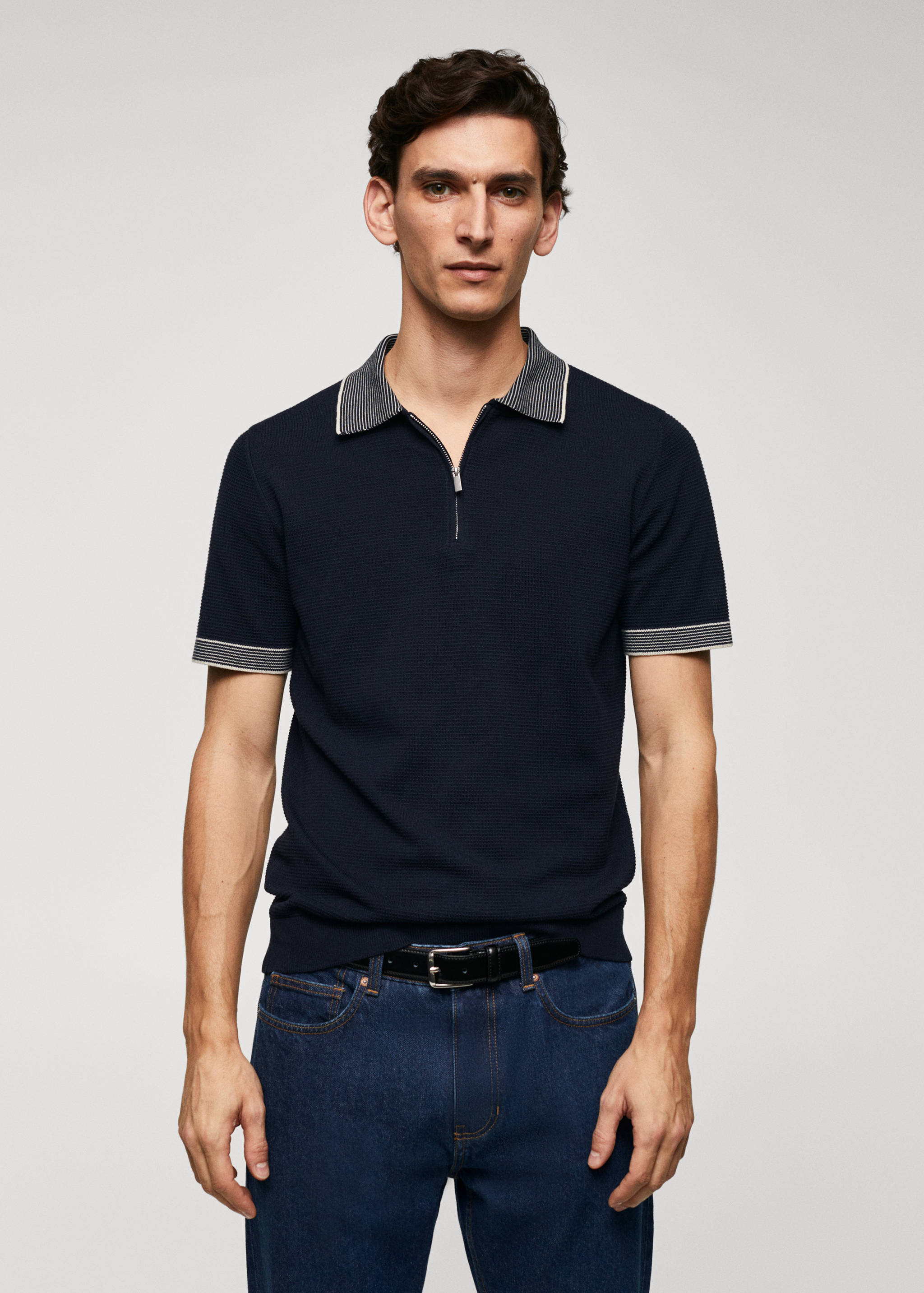 Fine-knit polo shirt with zip - Medium plane