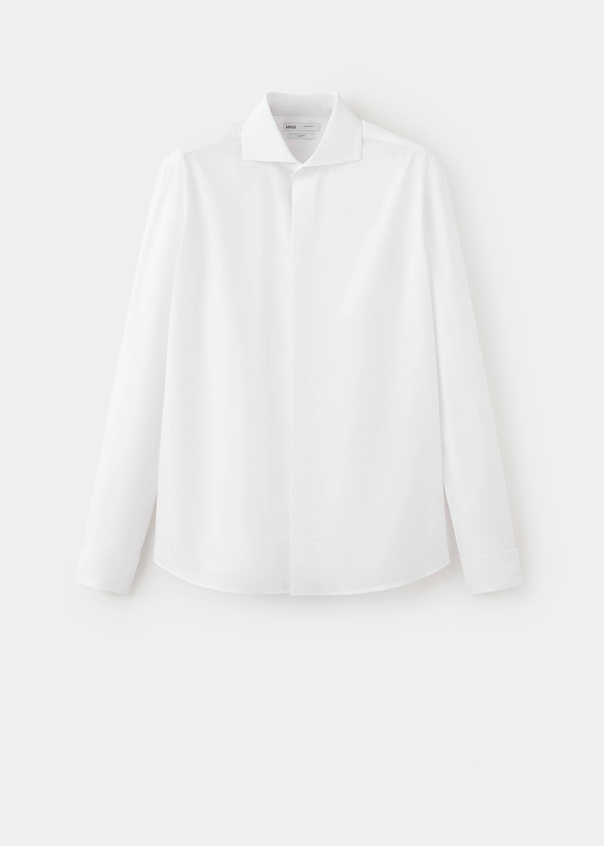 White long-sleeve shirt with a cut-away collar and concealed placket.