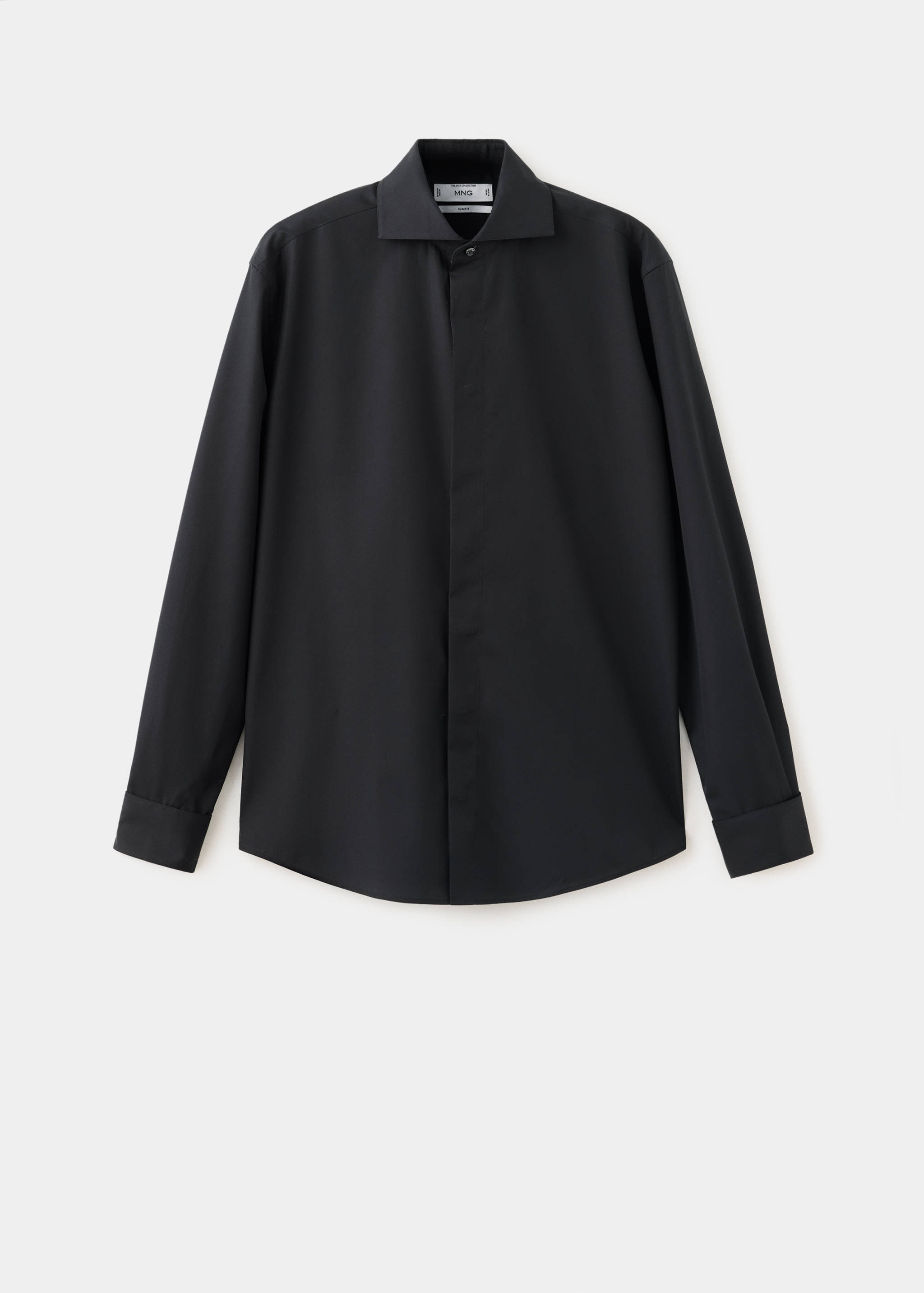 Black long-sleeved shirt with a spread collar and concealed placket.