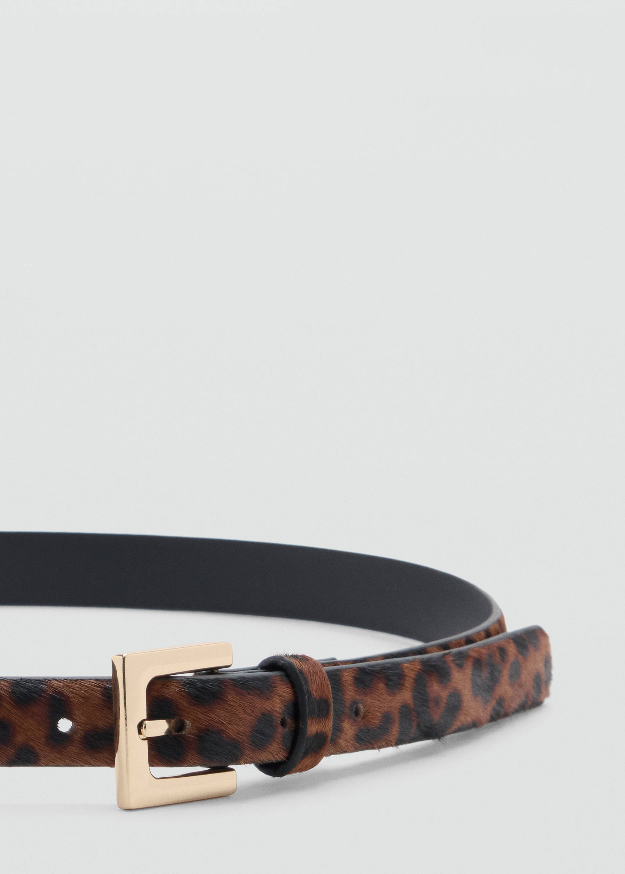 Leopard print belt with a gold-toned metal buckle.
