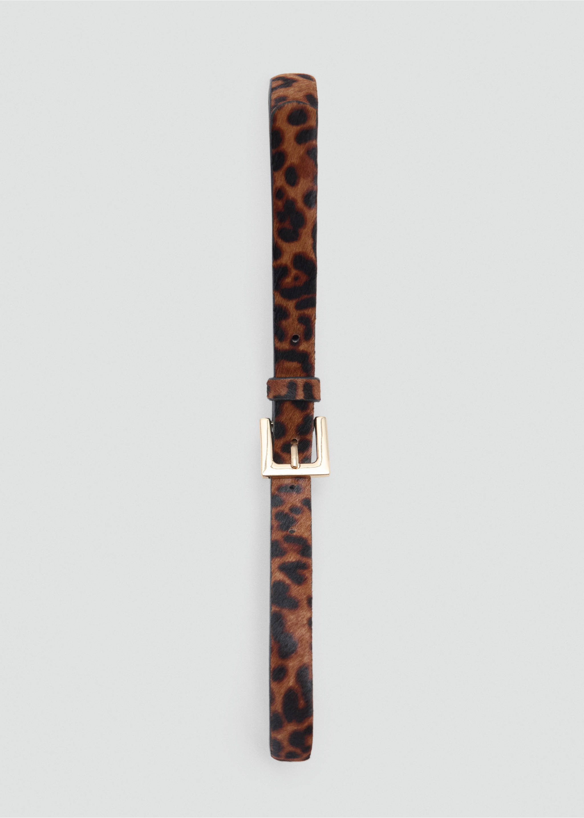 Leopard print faux-fur belt with a gold-coloured square metal buckle., Chocolate. Ref: 47071337-00.