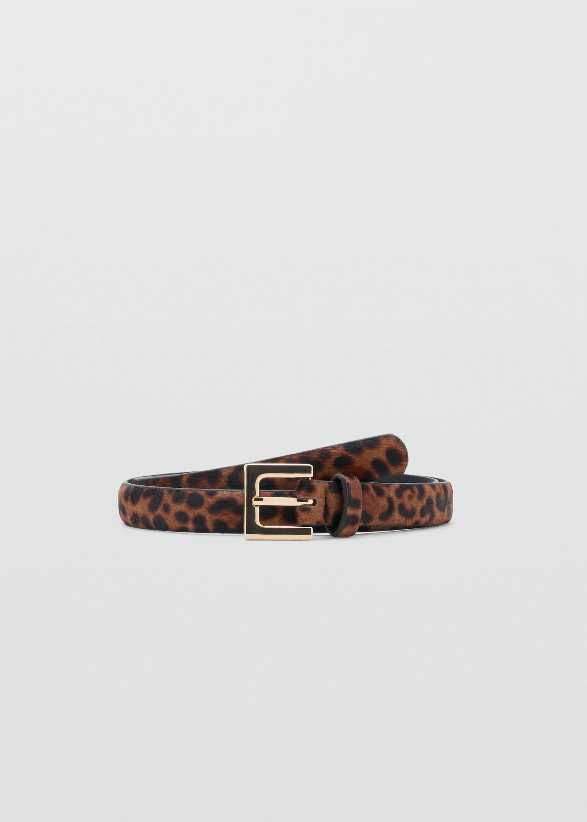 Leopard print faux-fur belt with a gold-coloured square buckle., Chocolate. Ref: 47071337-00.