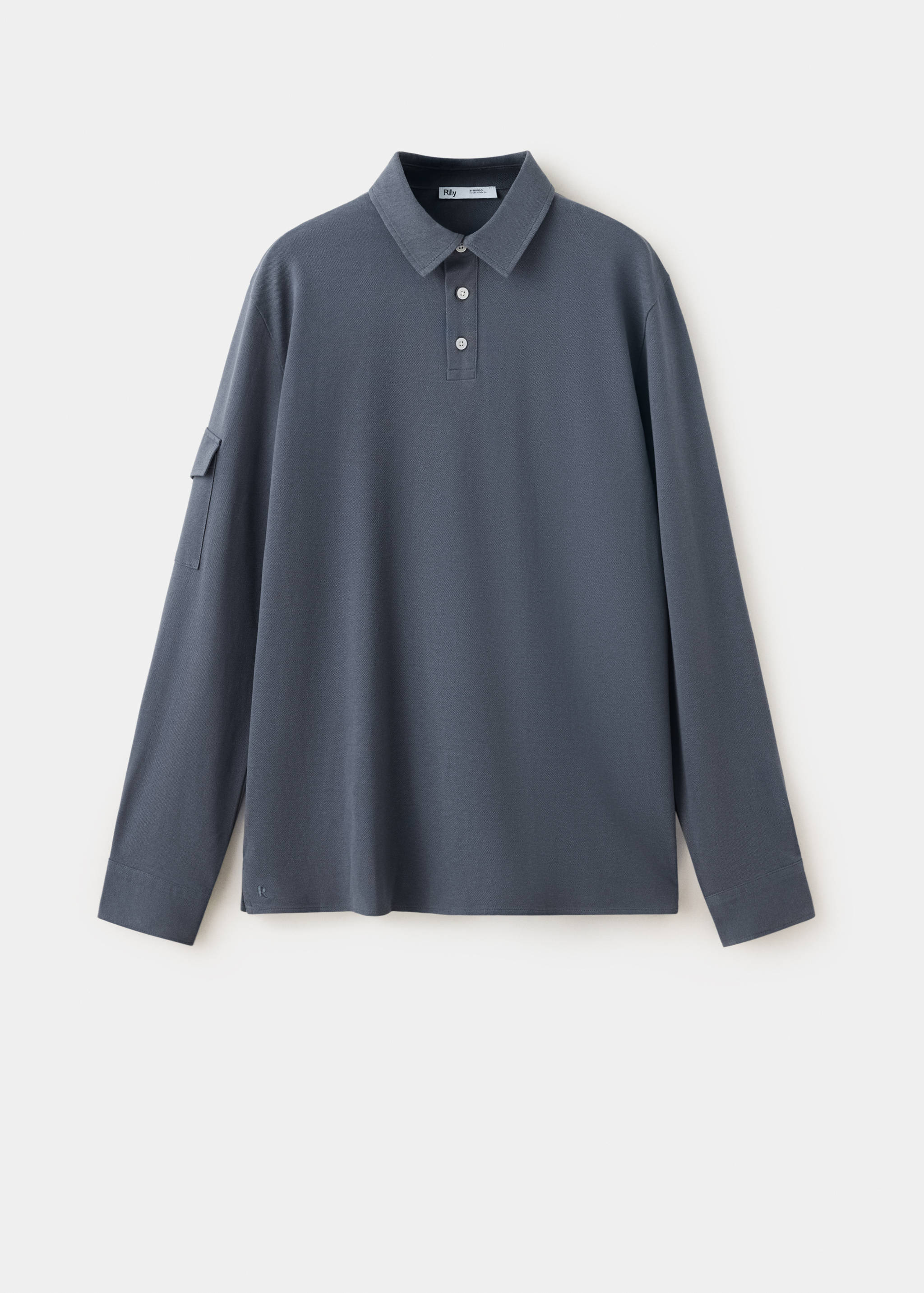Dark blue long-sleeve polo shirt with a button placket and a pocket on the sleeve.
