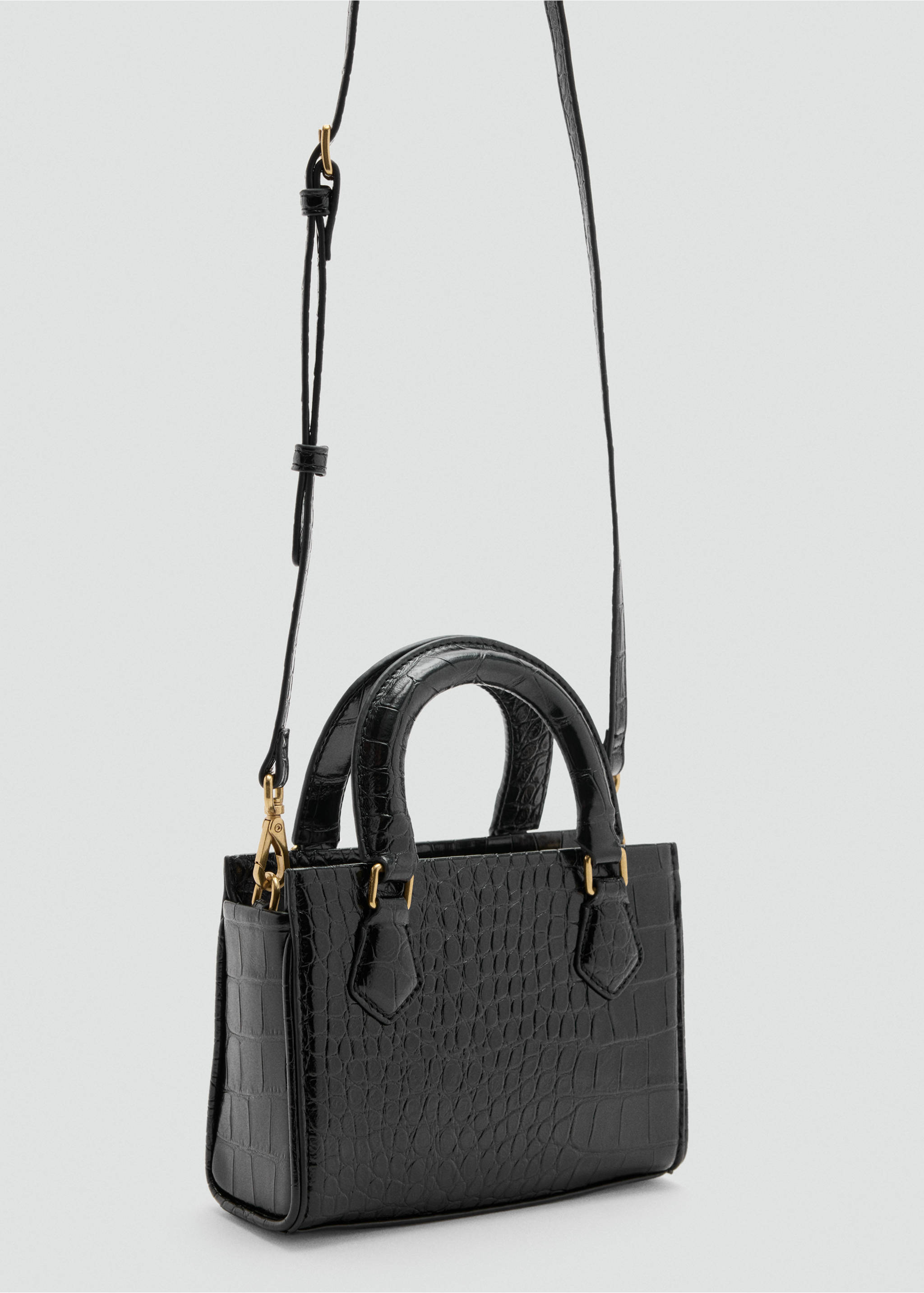 Black embossed crocodile-pattern crossbody bag with gold hardware., Black. Ref: 47071340-00.