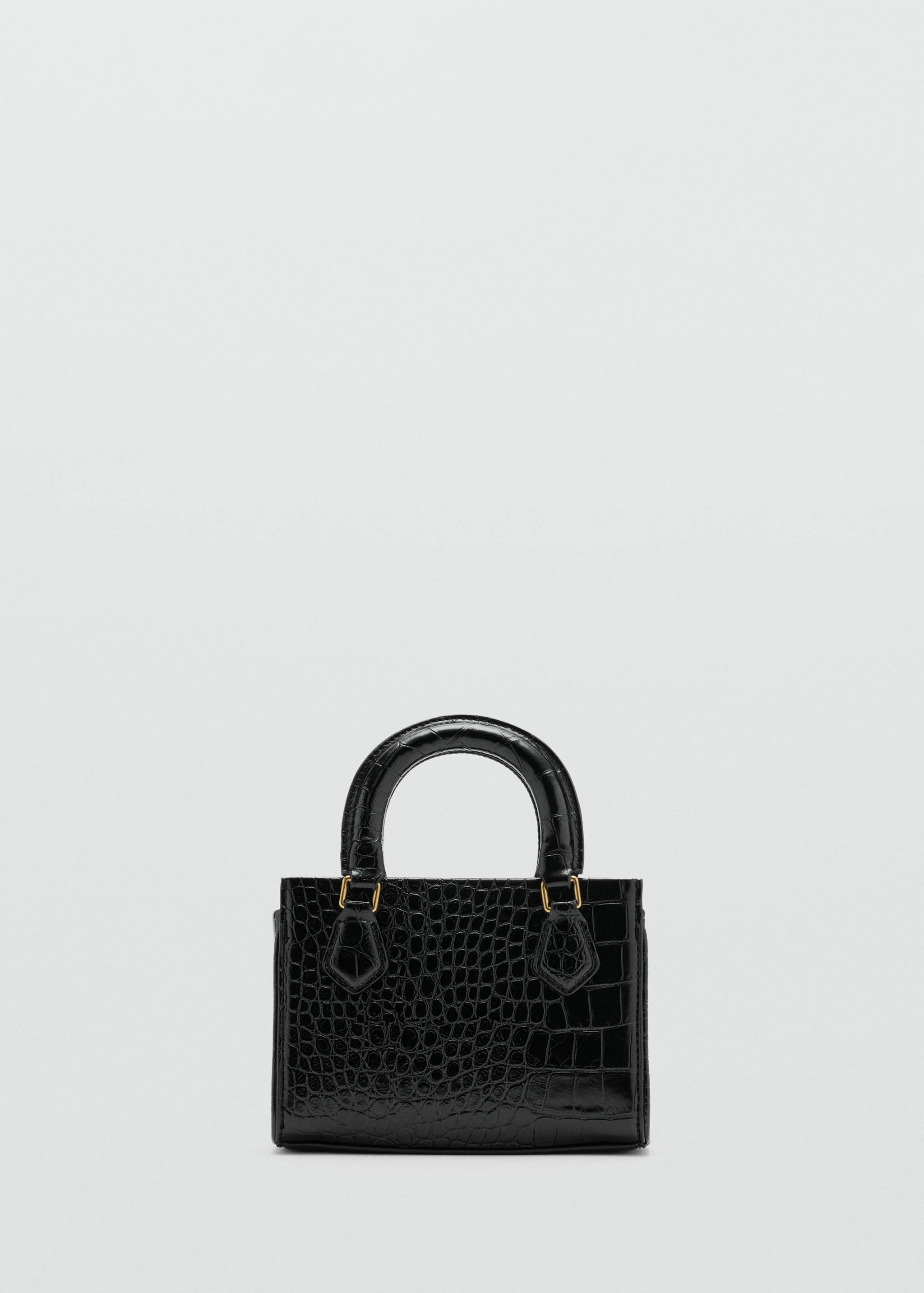 Black miniature handbag with a glossy crocodile texture and gold hardware.