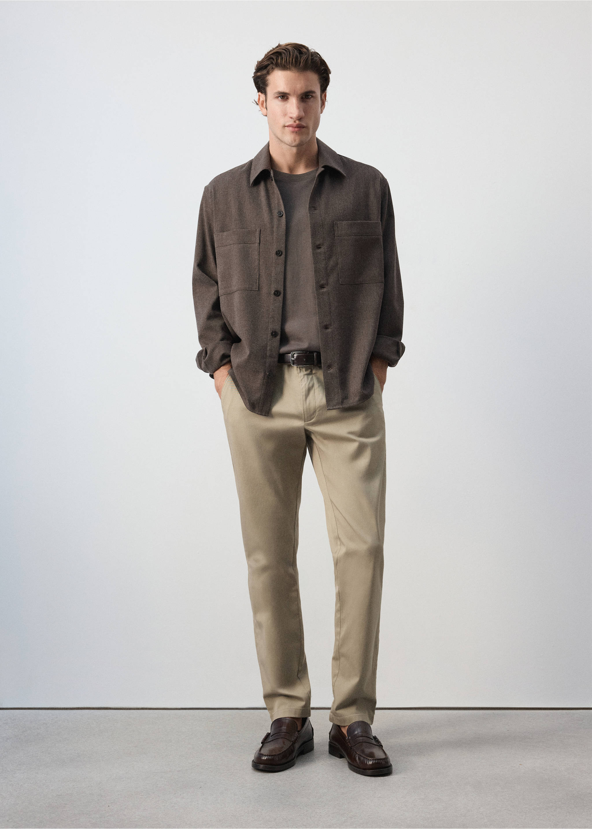 Beige trousers in a straight fit, styled with a brown overshirt and loafers., Beige. Ref: 47071351-00.