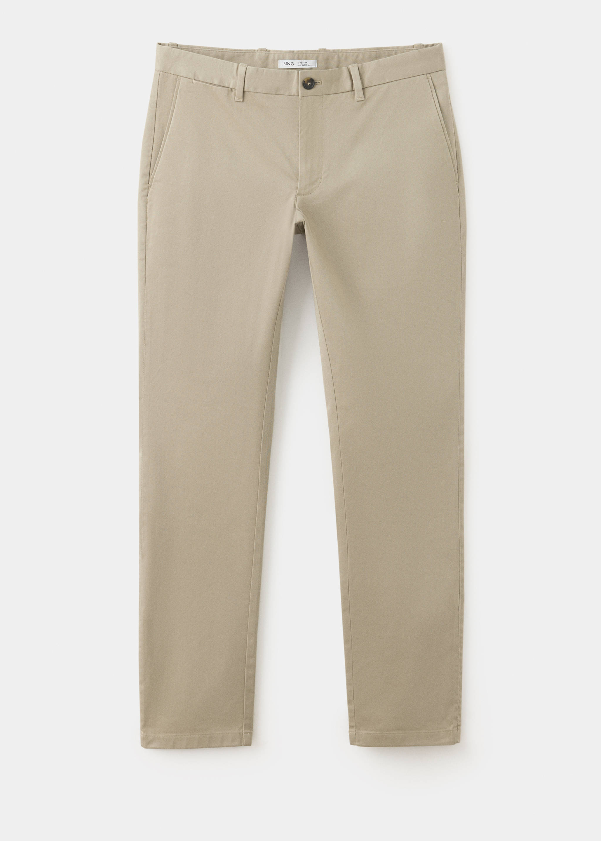Beige slim-fit trousers with belt loops and side pockets.