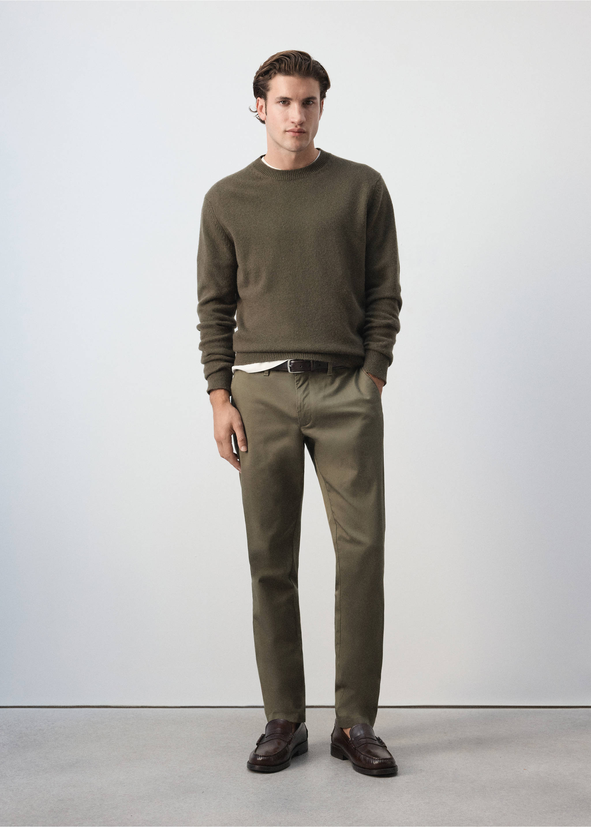 Olive green trousers, styled with an olive green jumper and brown loafers., Medium Brown. Ref: 47071351-00.