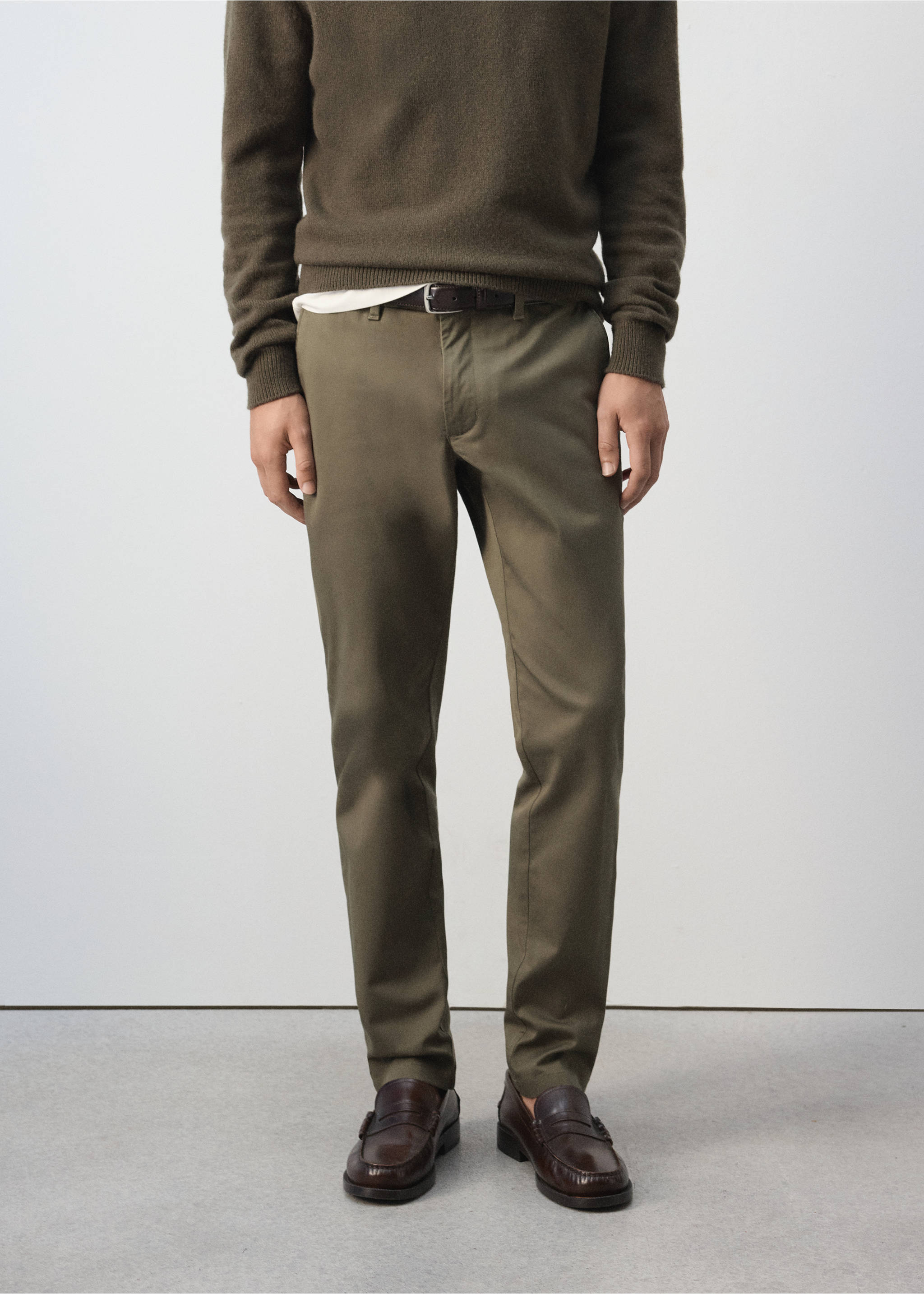 Olive green slim-fit trousers worn with a dark brown leather belt and dark olive green sweater., Medium Brown. Ref: 47071351-00.