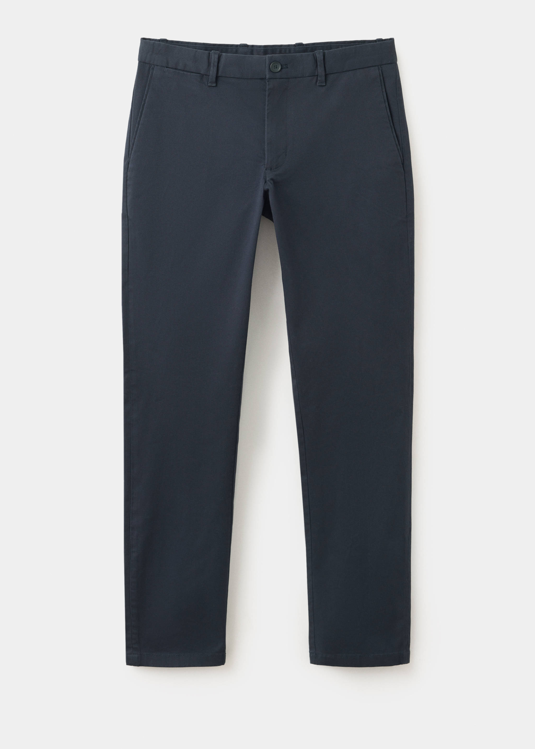 Dark navy blue slim-fit men's trousers with belt loops and front pockets.