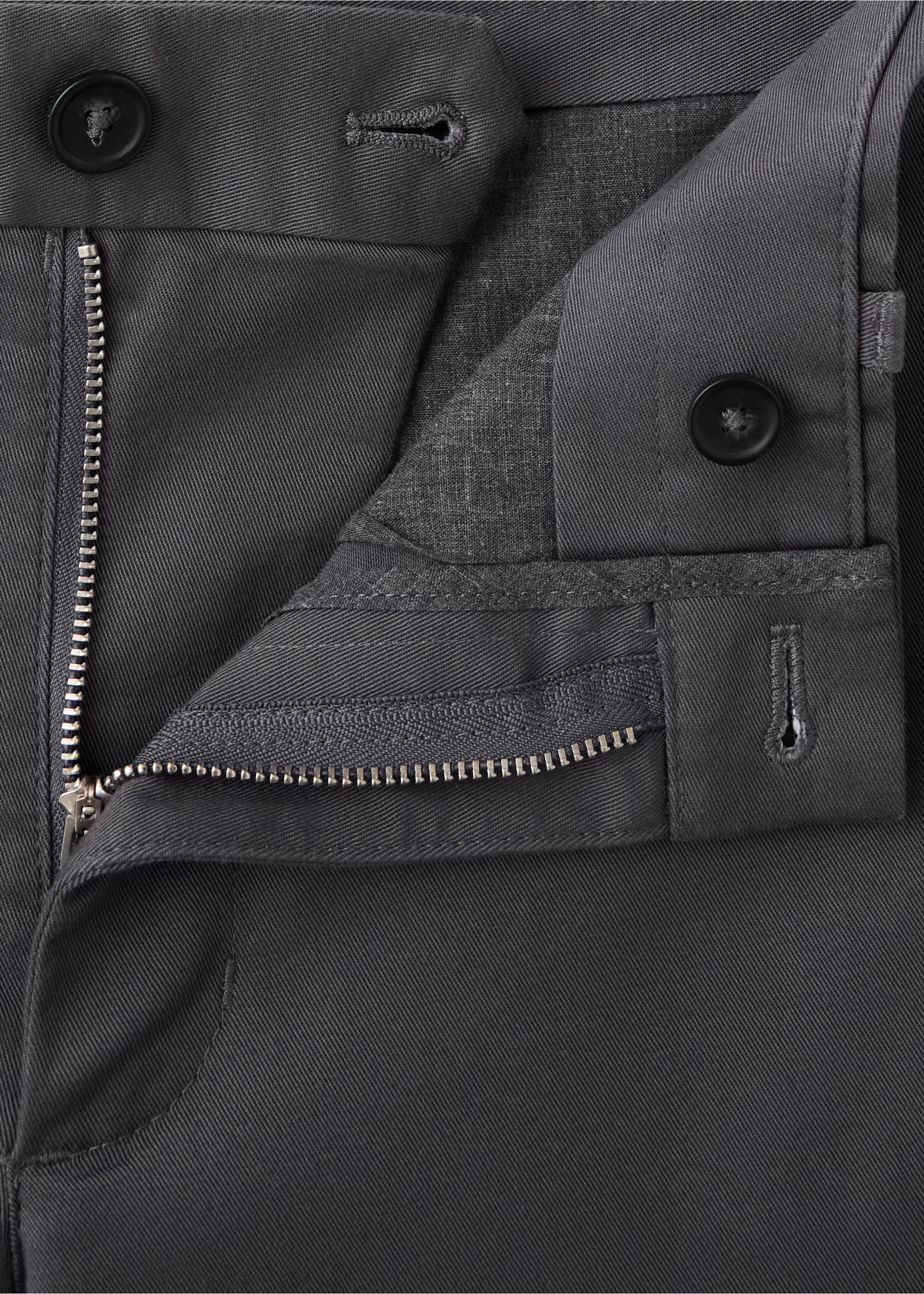 Close-up of dark grey trousers showing the waistband, button closure, and zip fly., Medium Heather Grey. Ref: 47071351-00.