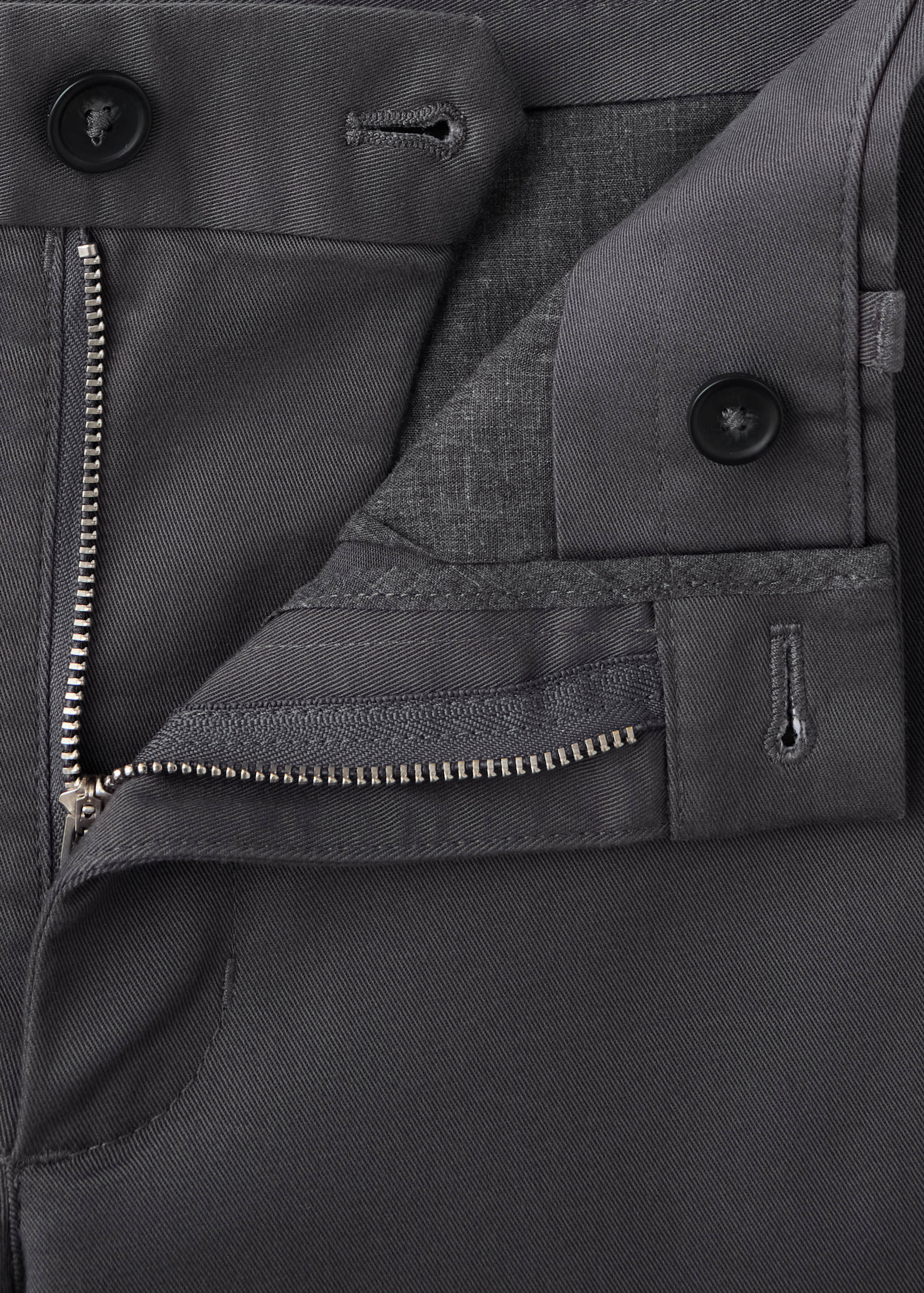 Close-up of dark grey trousers showing the waistband, button closure, and zip fly.
