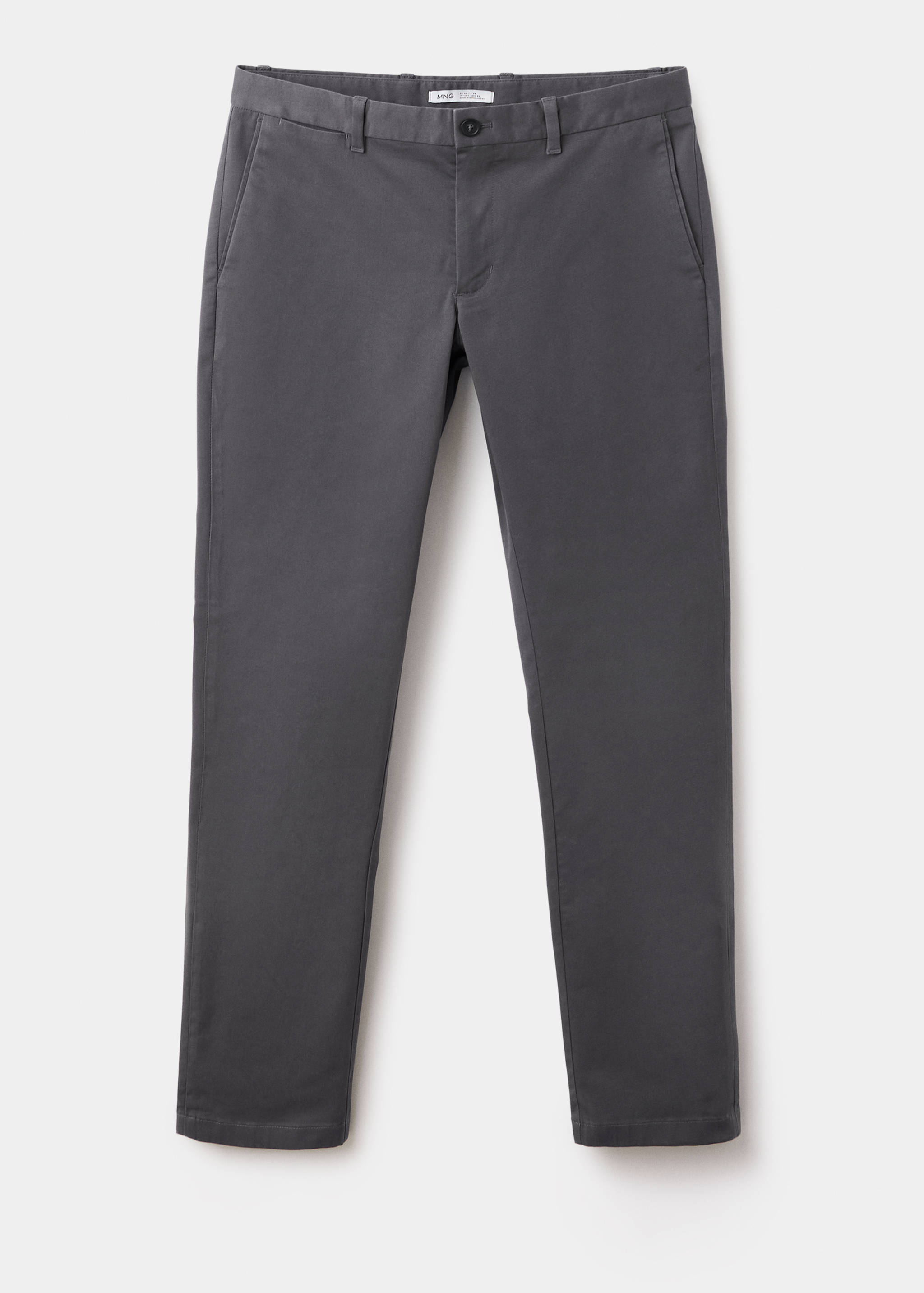 Dark grey men's trousers with belt loops and slant pockets.