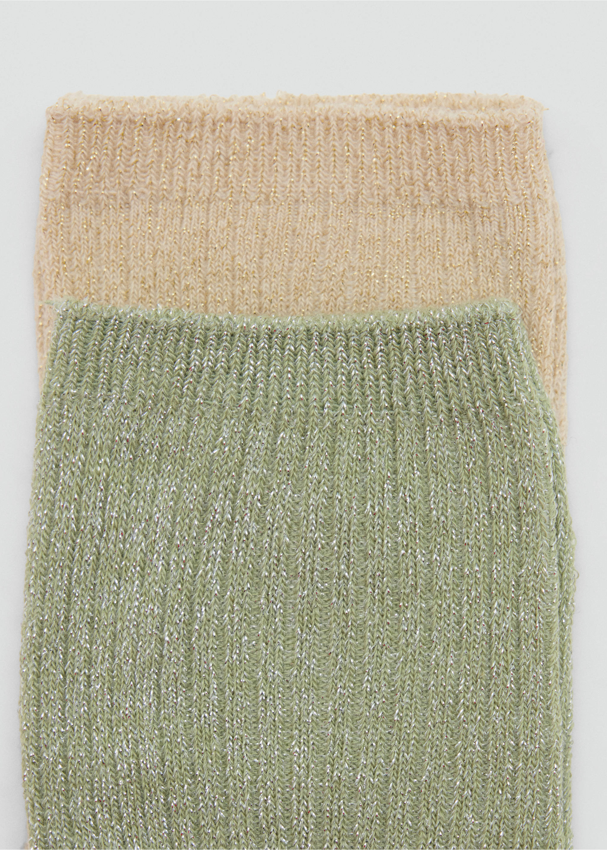 Two pairs of metallic-threaded ribbed socks in beige and sage green., Pastel Green. Ref: 47071356-00.