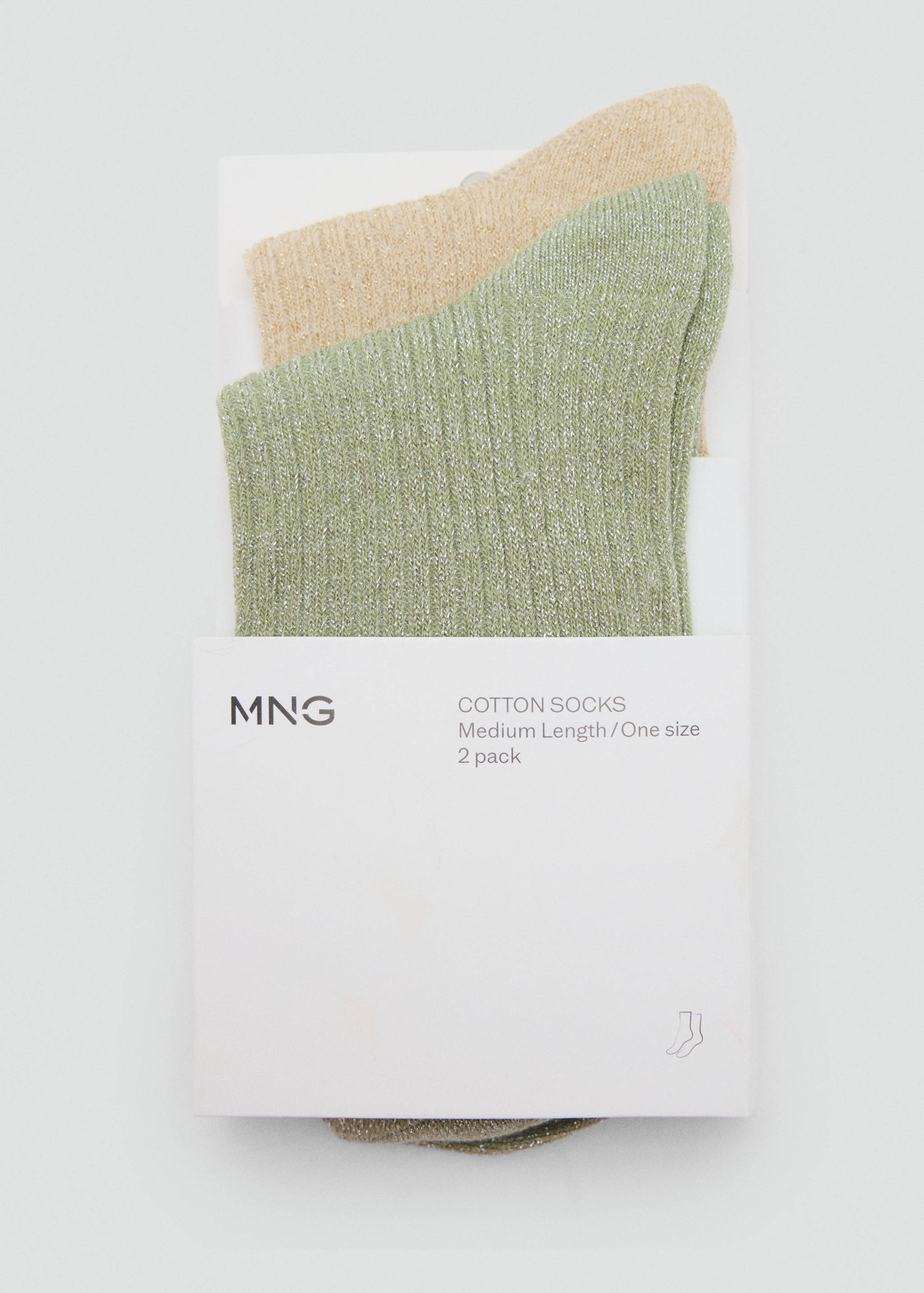 A two-pack of metallic green and beige ribbed cotton socks in packaging.