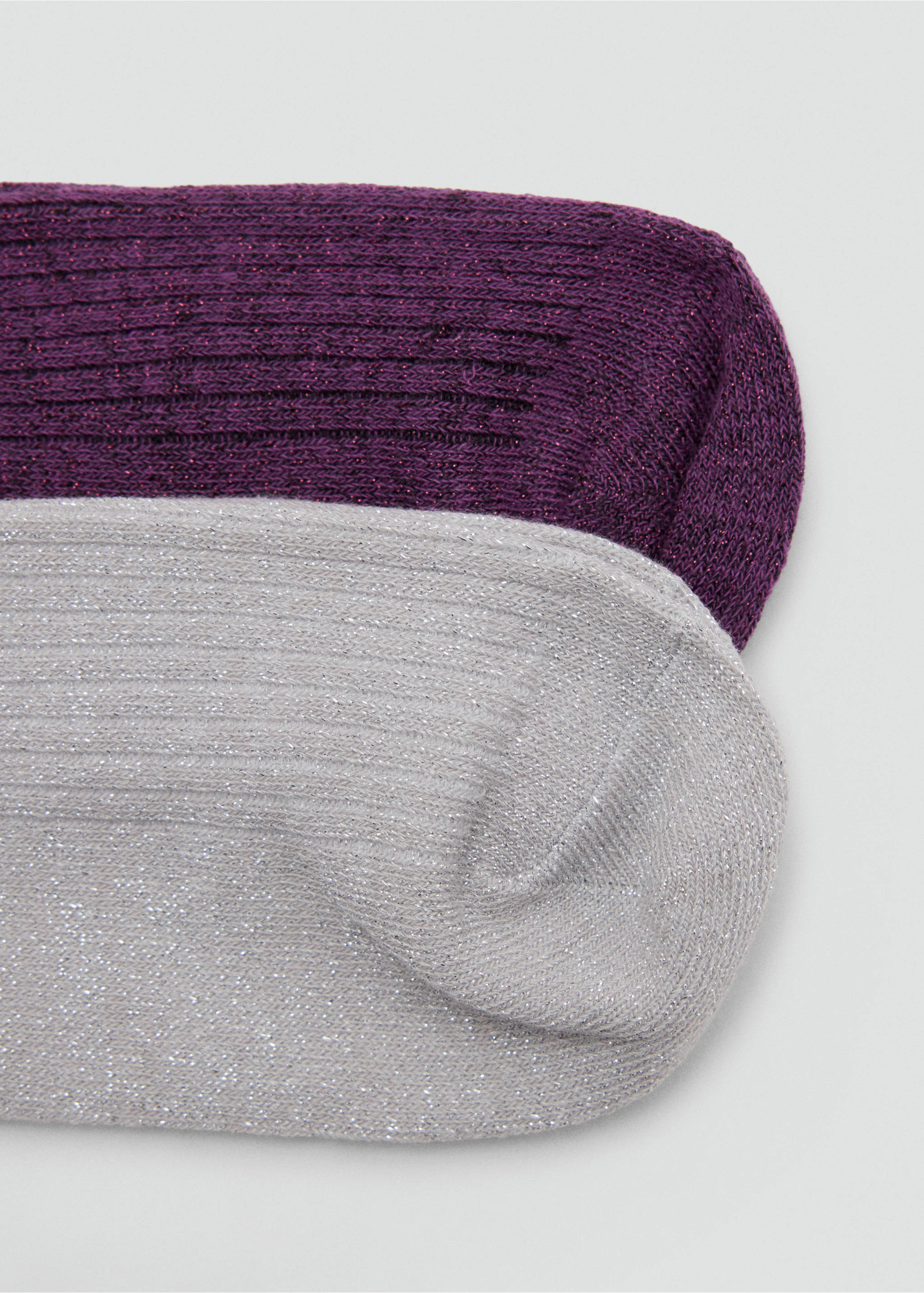 Close-up of plum purple and silver ribbed metallic socks., Silver. Ref: 47071356-00.
