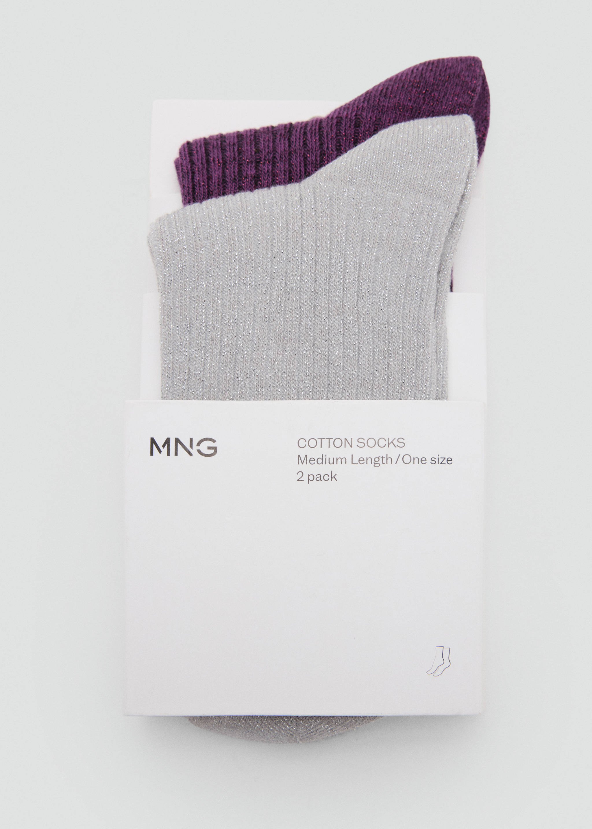 Two-pack of medium length cotton socks in silver metallic and deep plum purple.