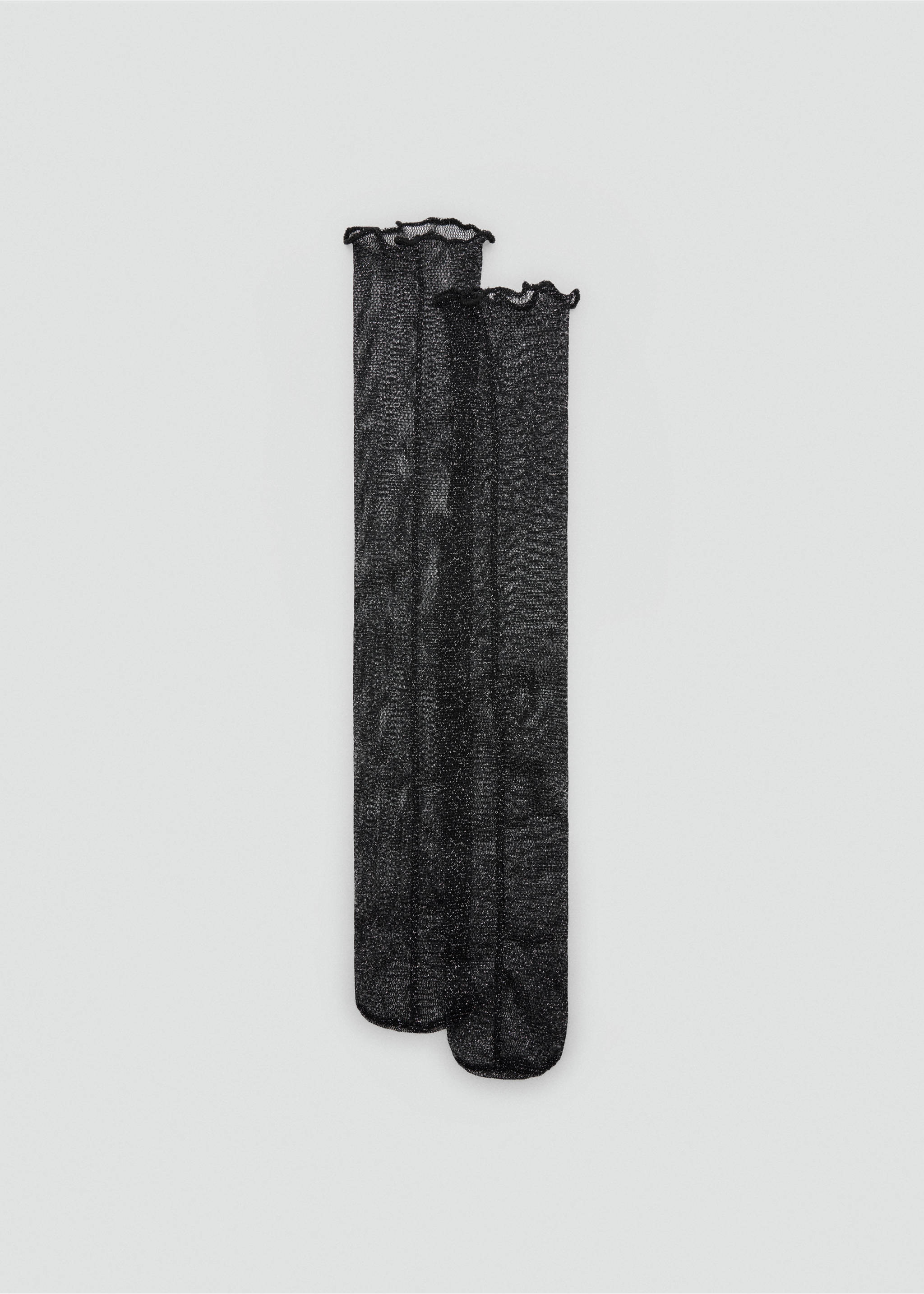 Black sheer socks with shimmering metallic thread and ruffled cuffs., Black. Ref: 47071374-00.