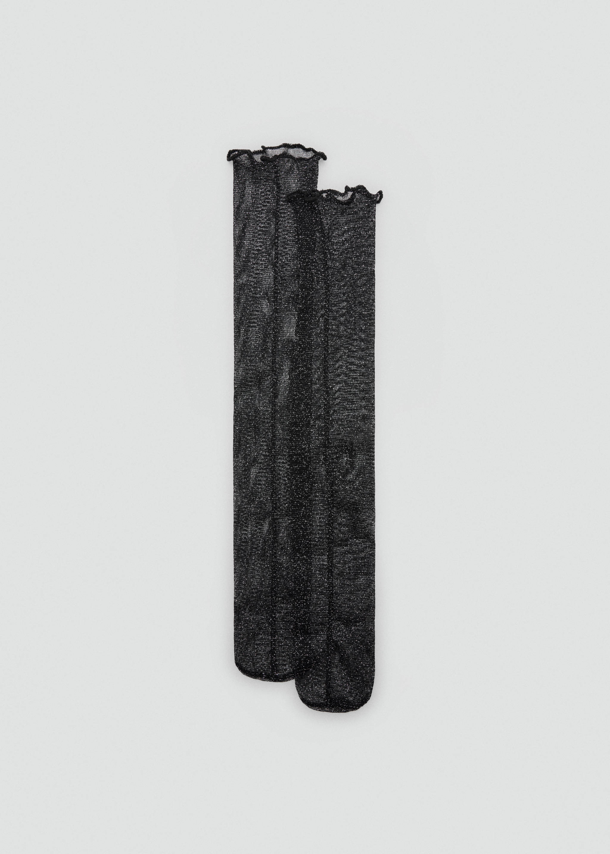 Black sheer socks with shimmering metallic thread and ruffled cuffs.