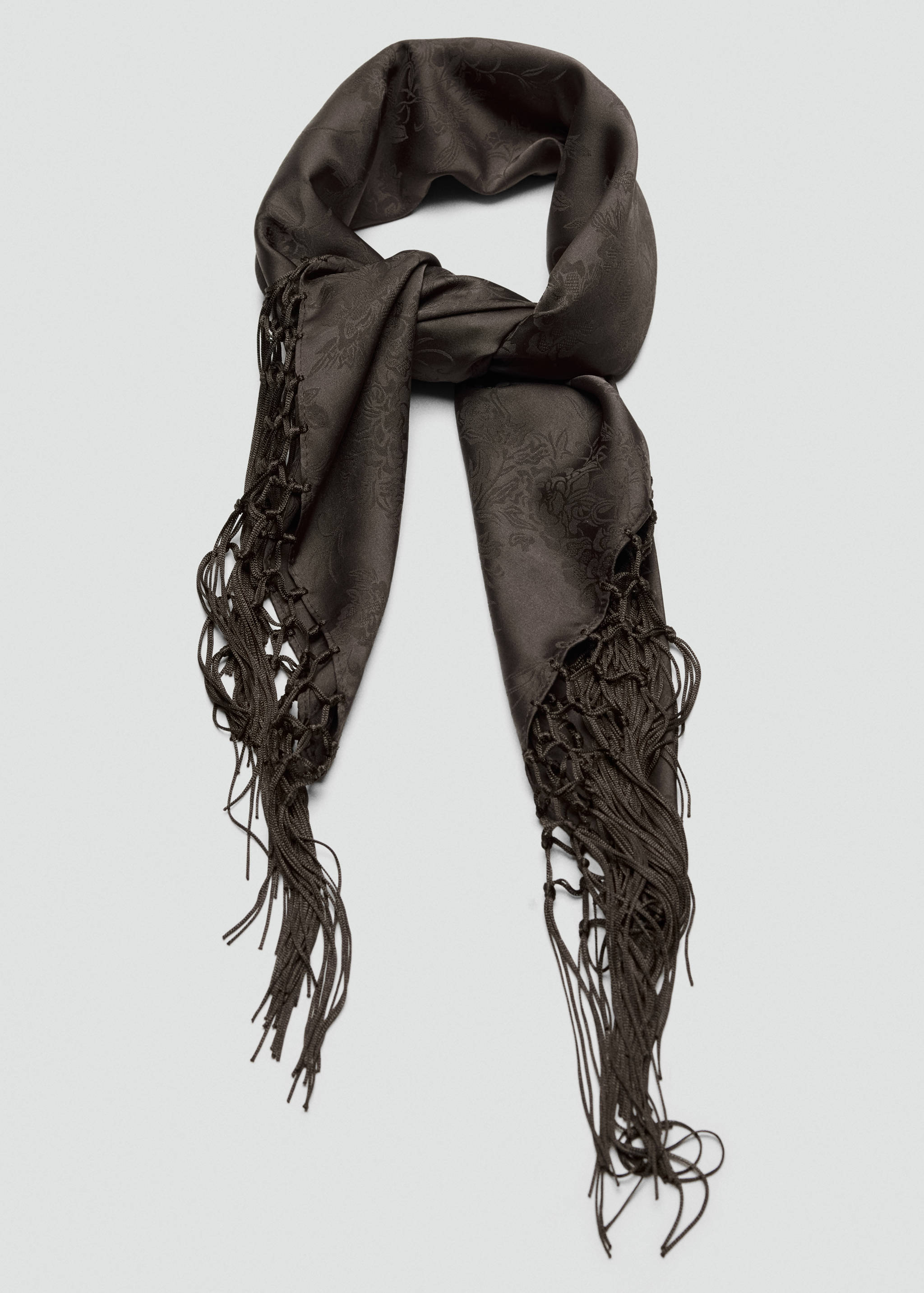 Dark brown floral jacquard scarf with knotted fringe.