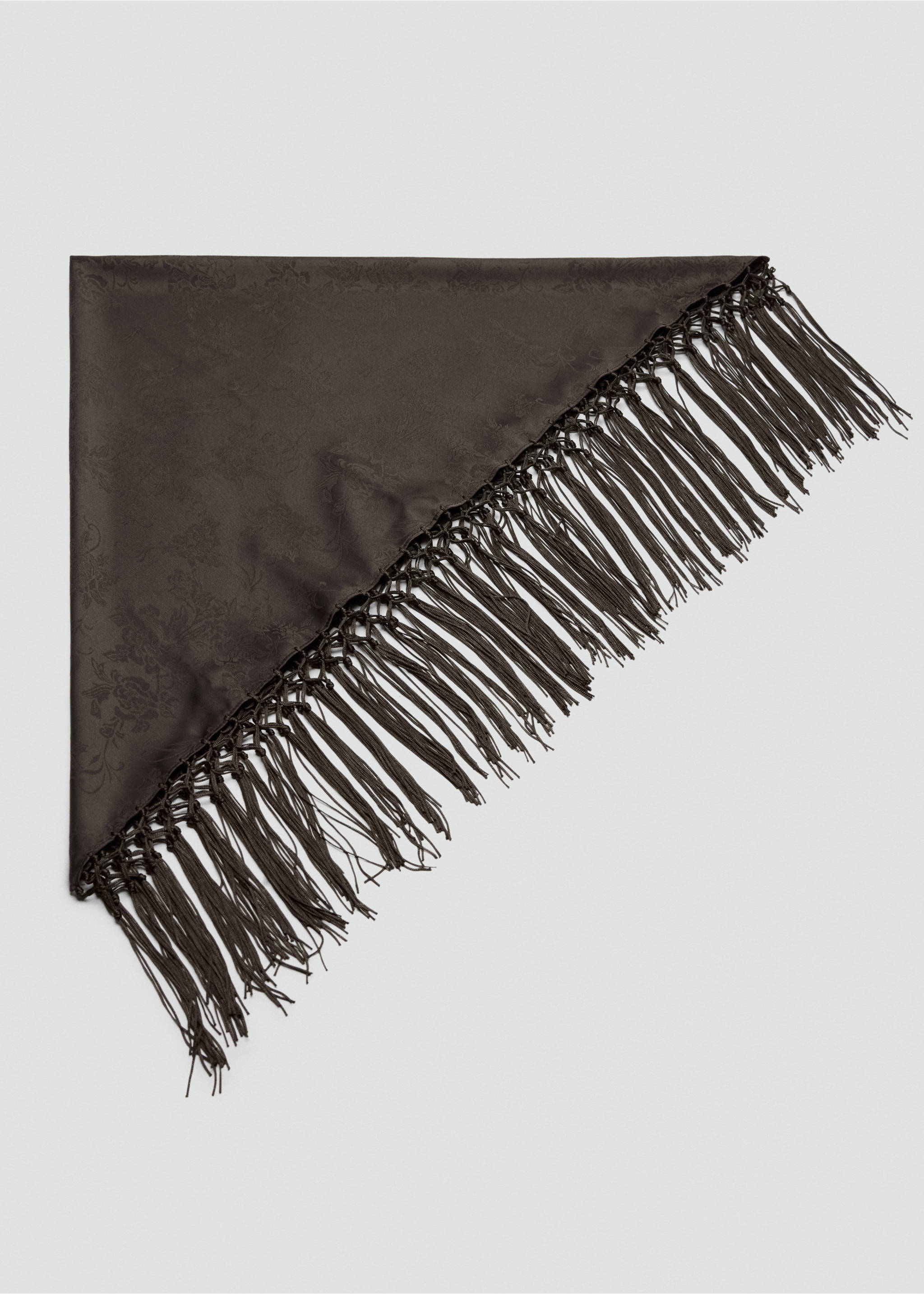 Dark brown triangular scarf with tonal floral pattern and fringe., Chocolate. Ref: 47071381-00.