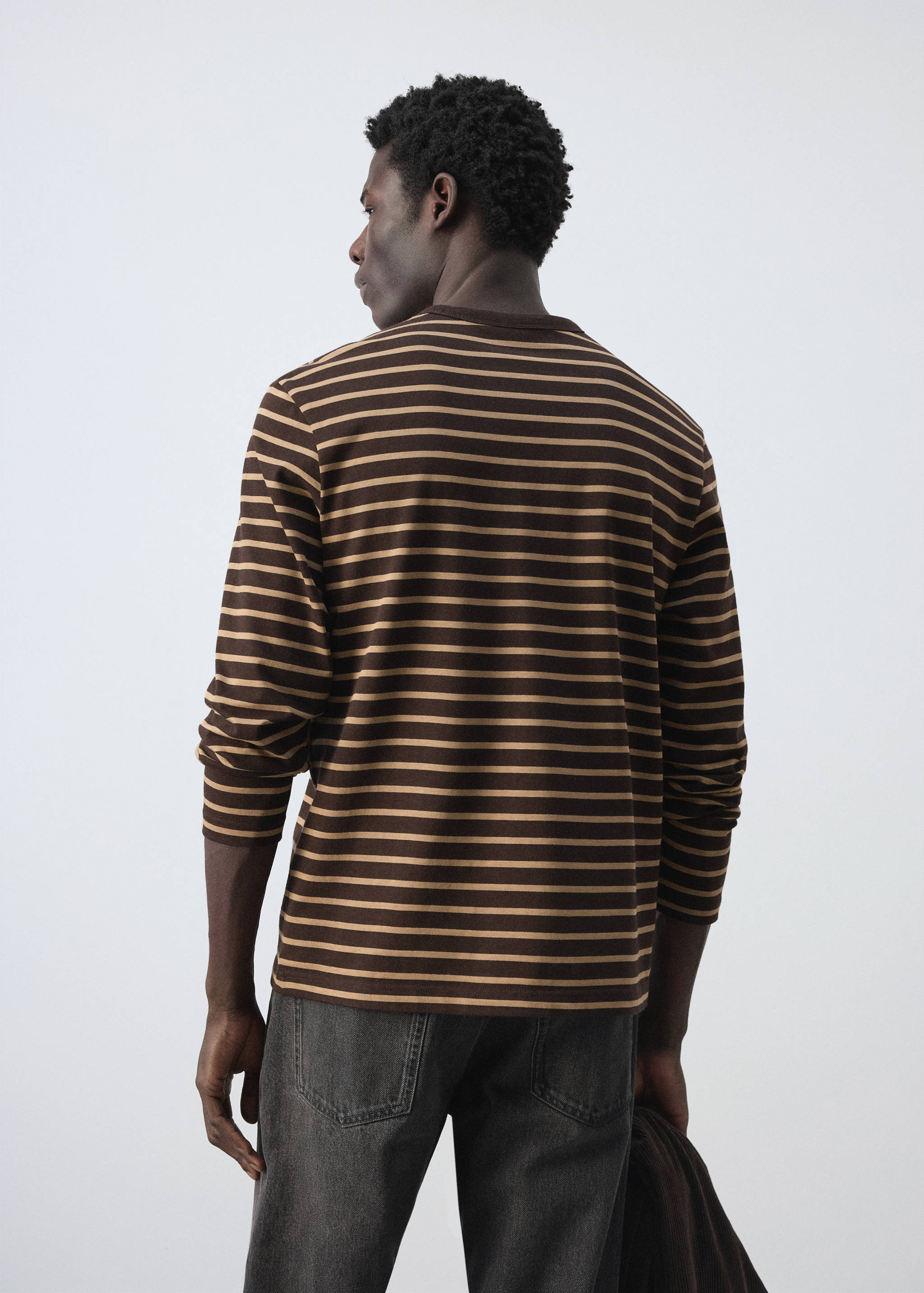 Brown and beige striped long-sleeve t-shirt, back view.