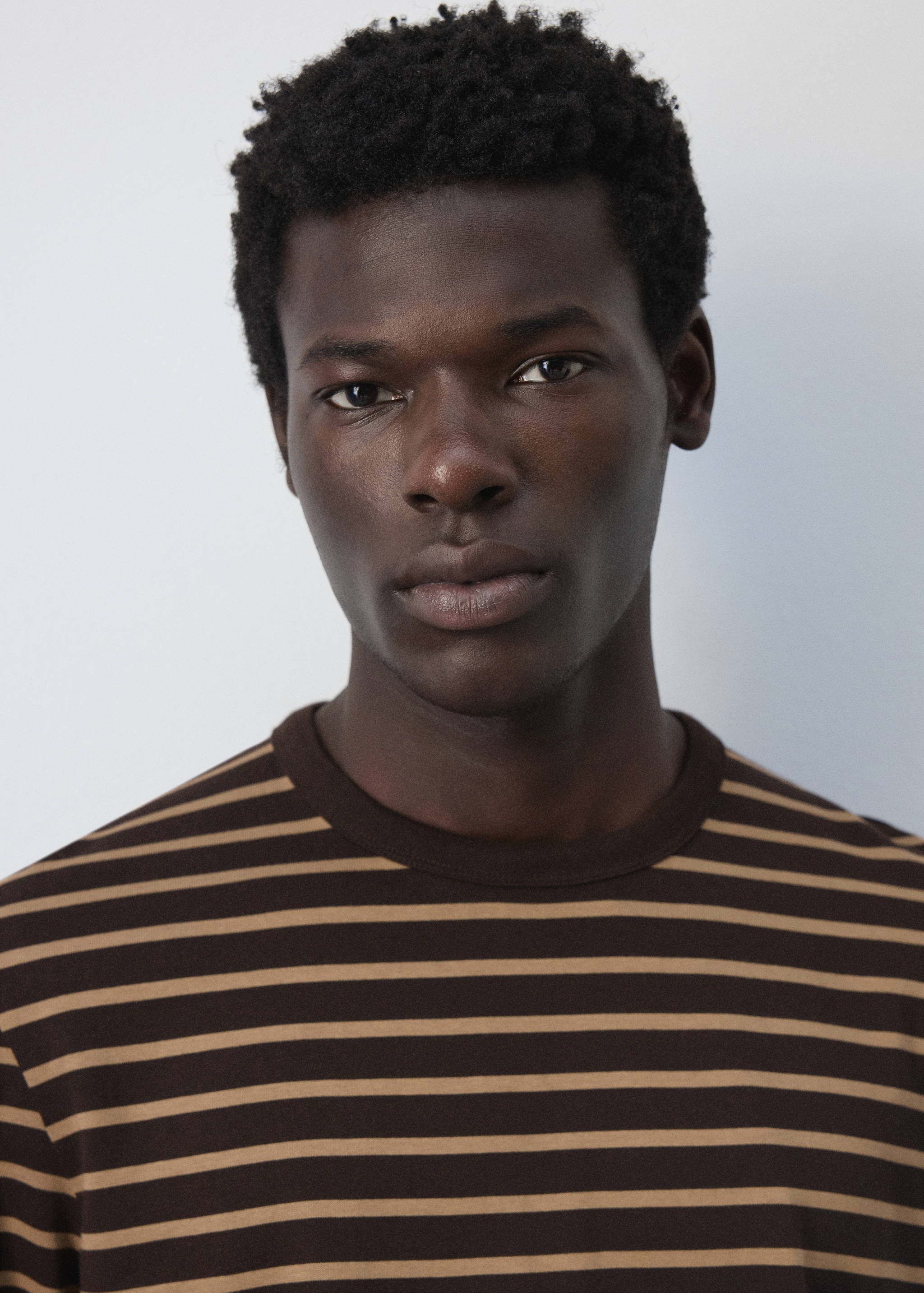 Brown striped t-shirt with a round neckline, shown in a close-up portrait view.