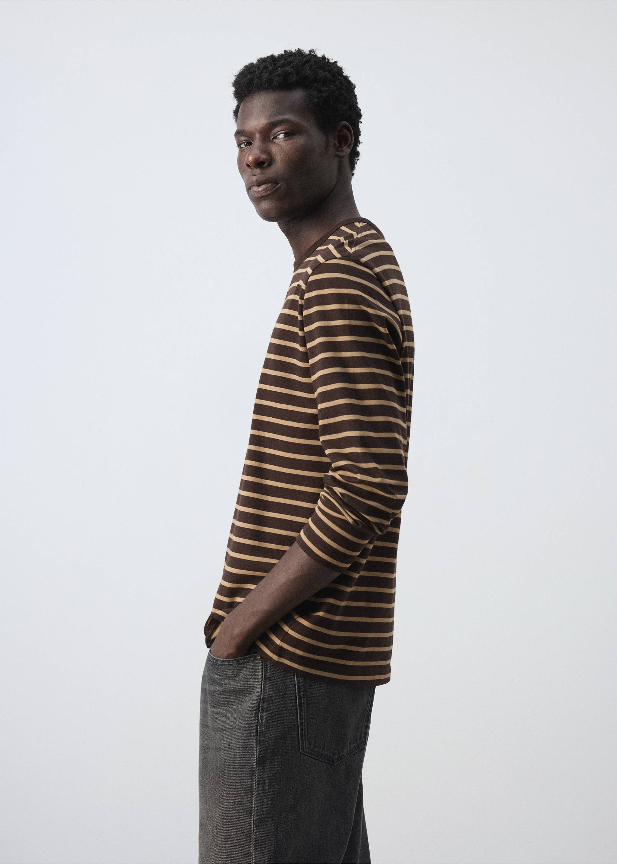 Brown and beige striped long-sleeve t-shirt with a round neckline., Chocolate. Ref: 47071410-00.