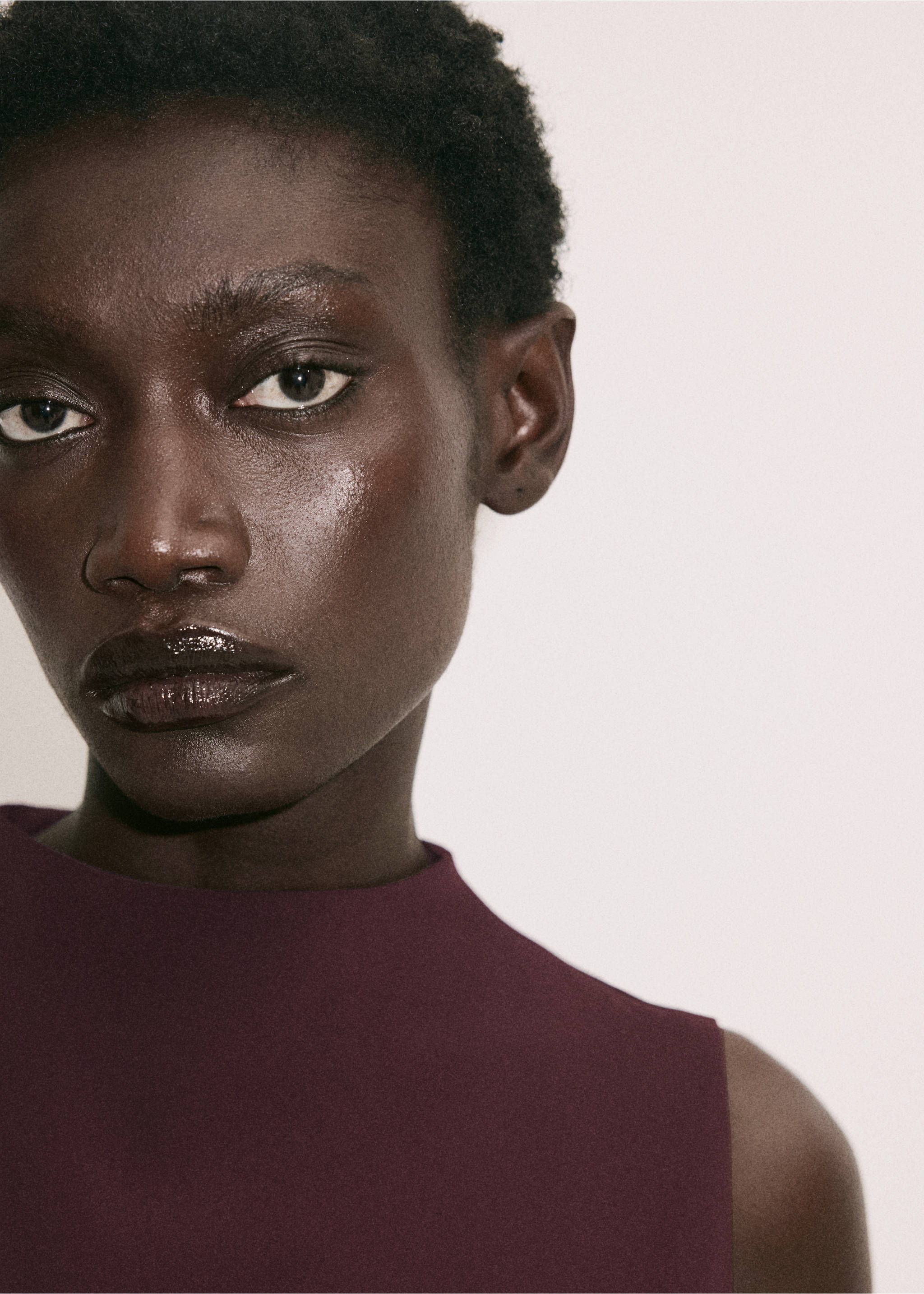 Close-up of a model wearing a sleeveless burgundy dress with a high neckline., Burgundy. Ref: 47071425-00.