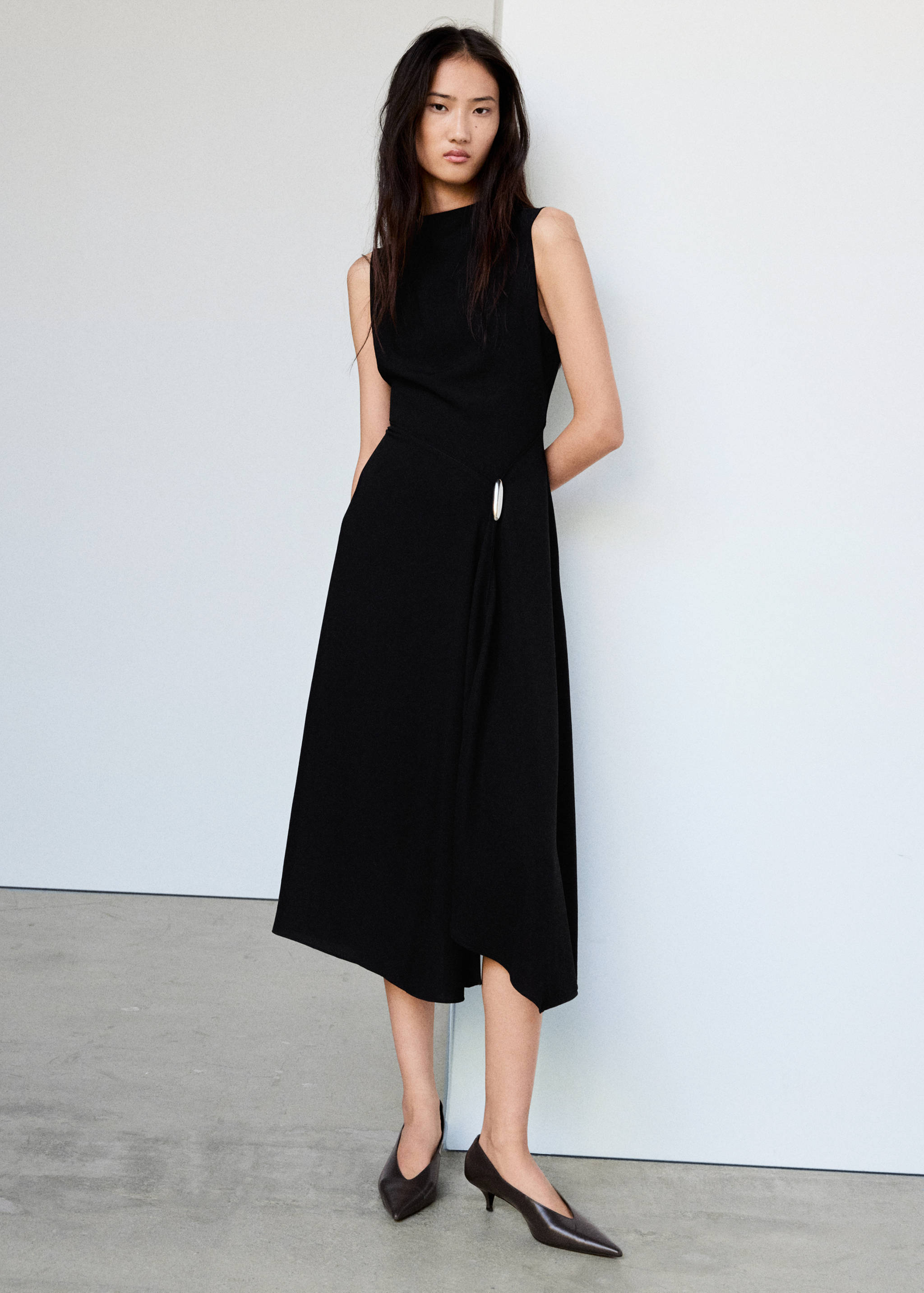 Black sleeveless midi dress with high neck and ring detail