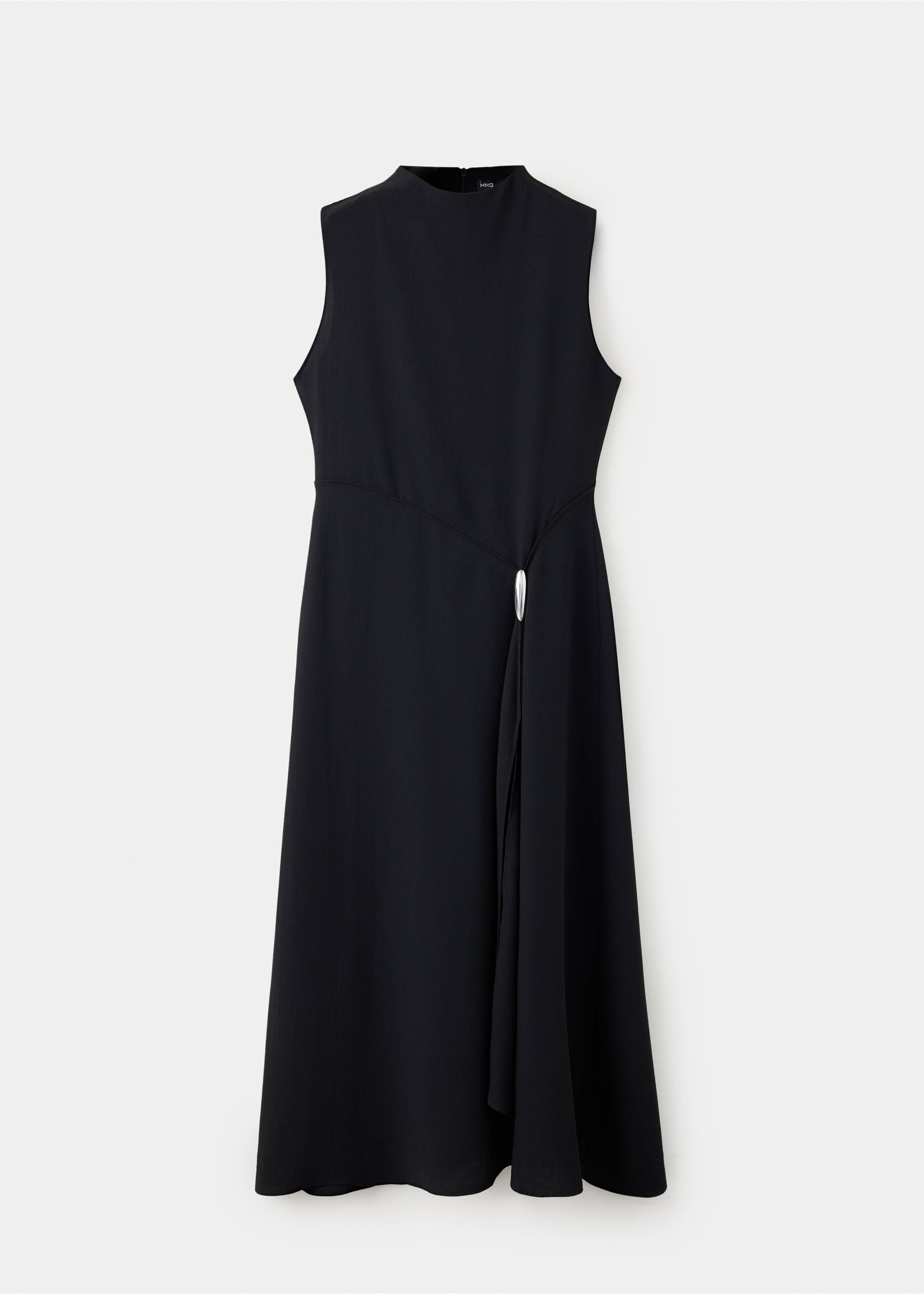 Black sleeveless midi dress with a high neck and metallic side buckle detail., Black. Ref: 47071425-00.