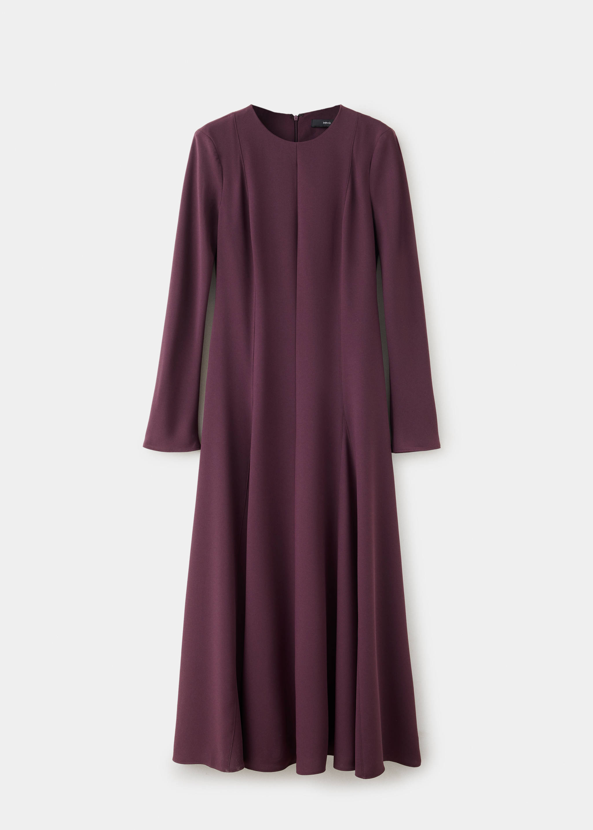 Dark plum long-sleeved midi dress with a round neckline.