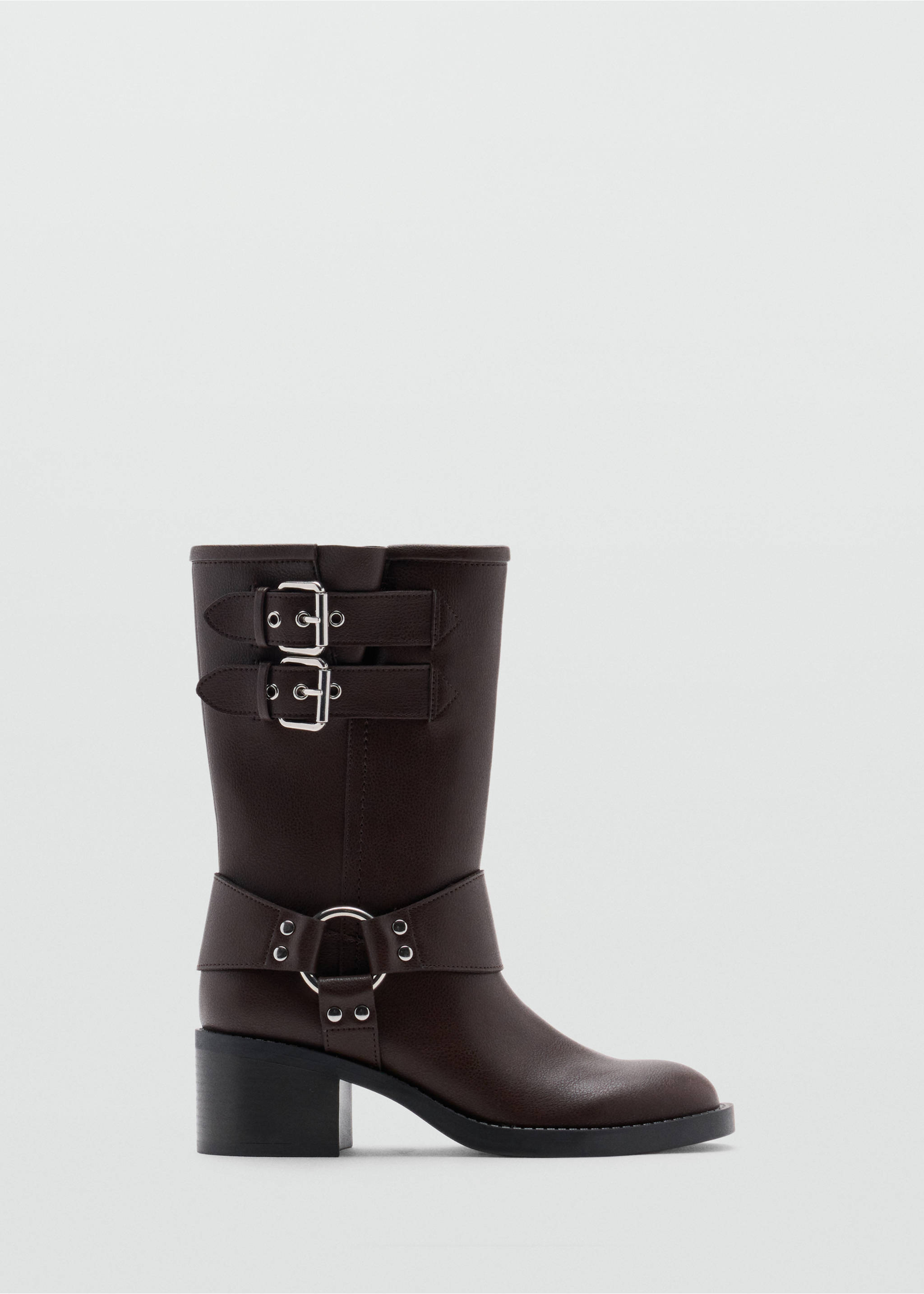 Dark brown ankle boot with buckled straps and silver hardware., Chocolate. Ref: 47081328-00.