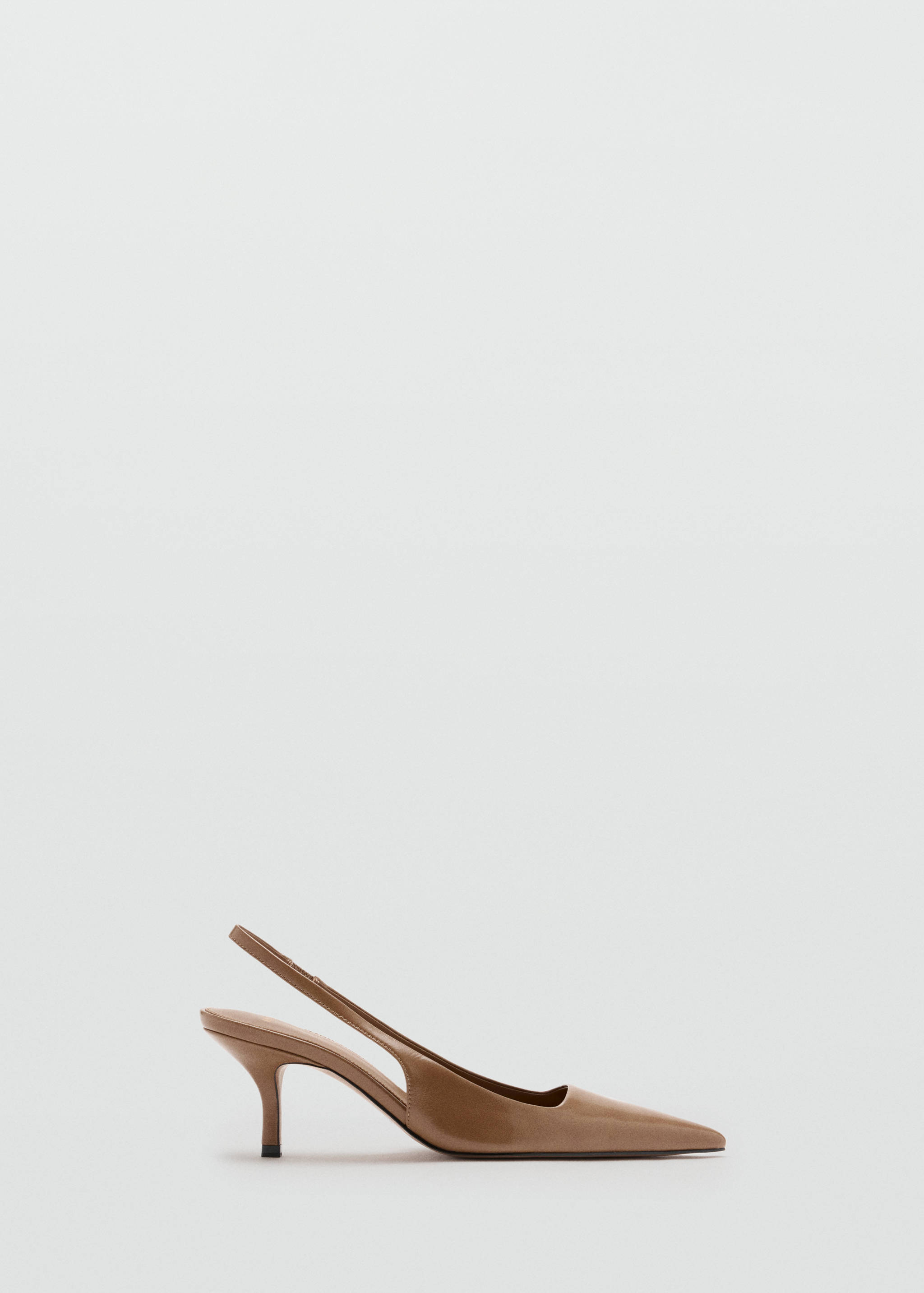 Tan patent pointed-toe slingback shoe with a low heel.