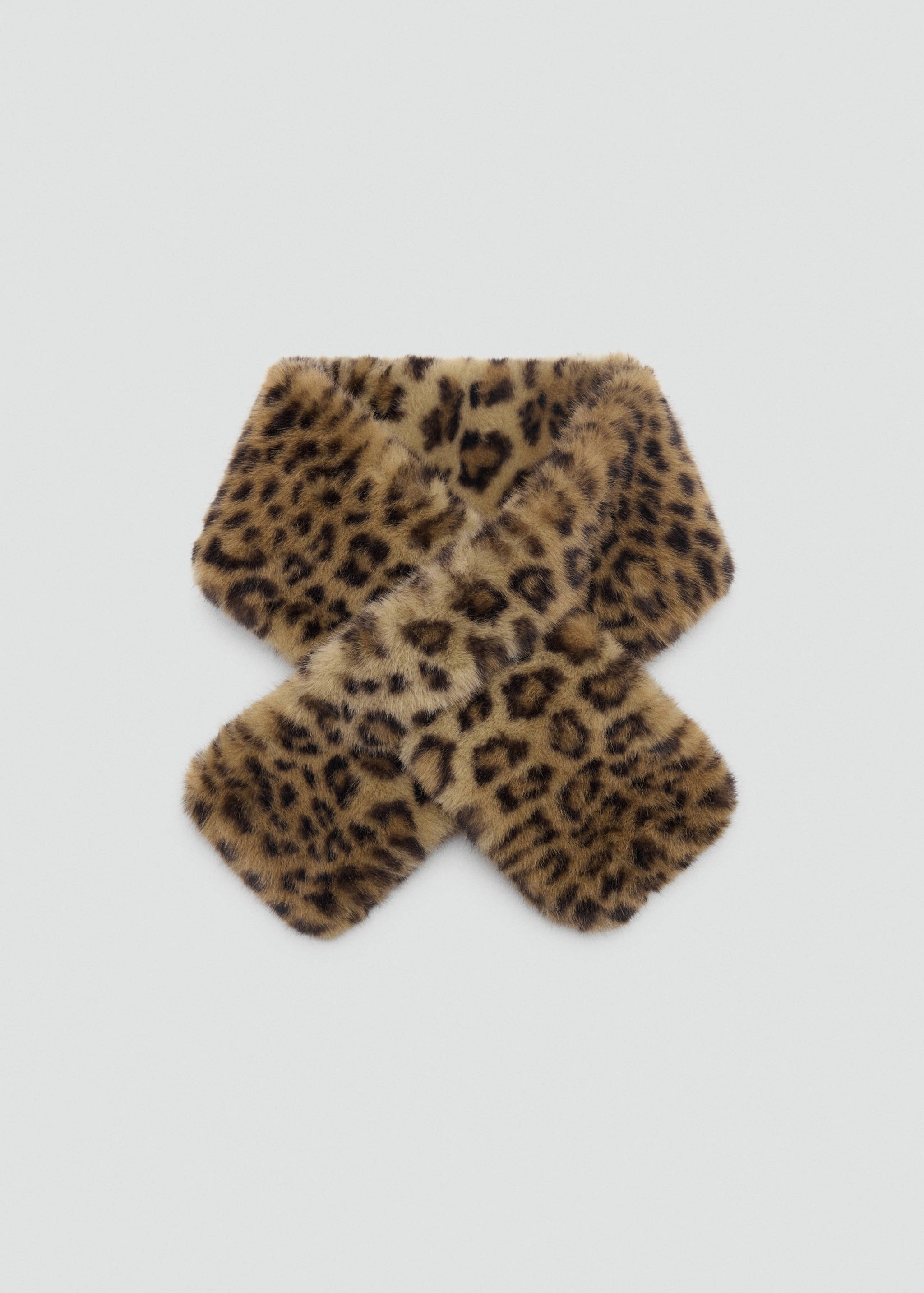 Leopard print faux-fur scarf in brown and black.
