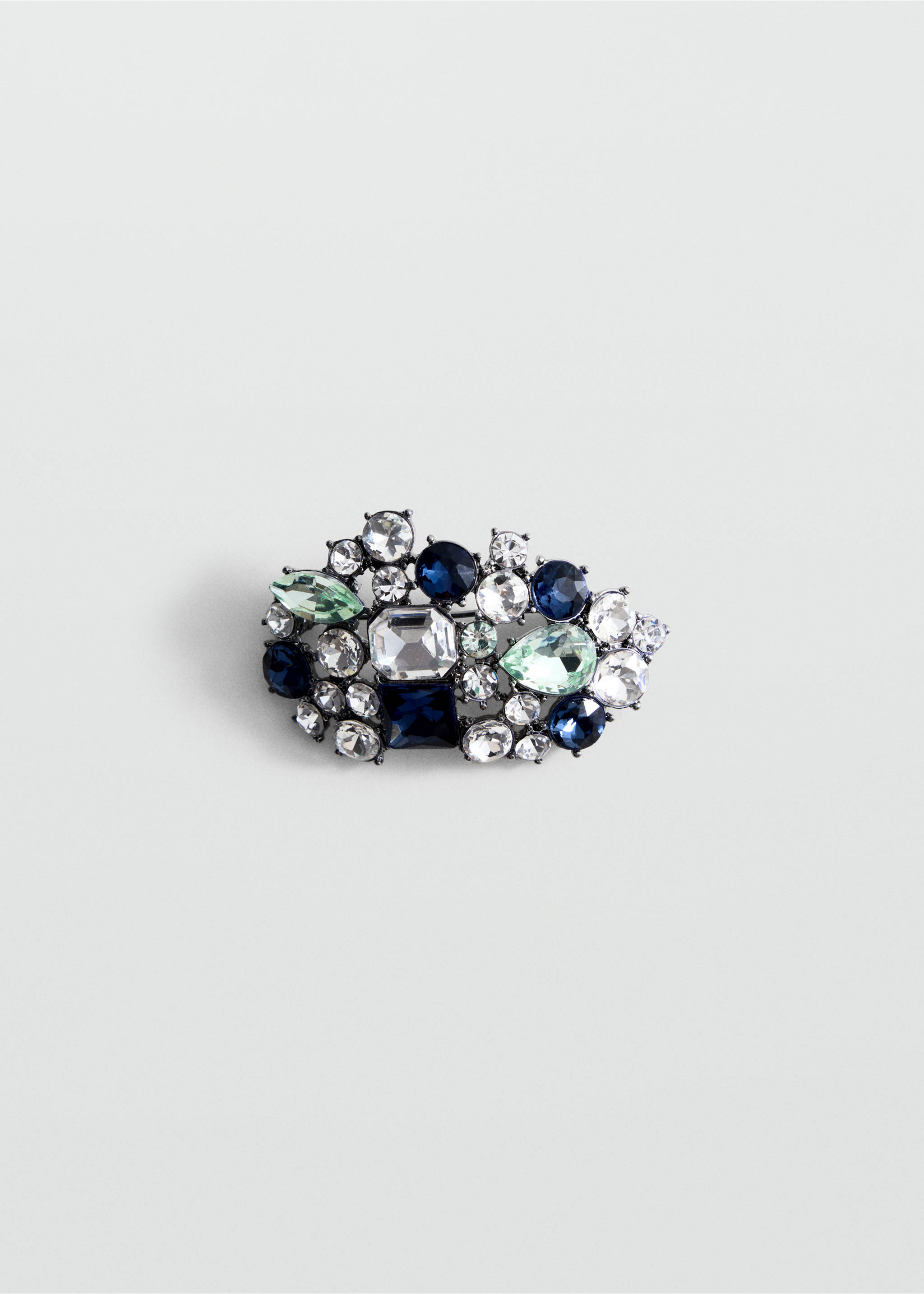 Decorative crystal brooch featuring a cluster of blue, green, and clear faceted rhinestones., Silver. Ref: 47081386-00.