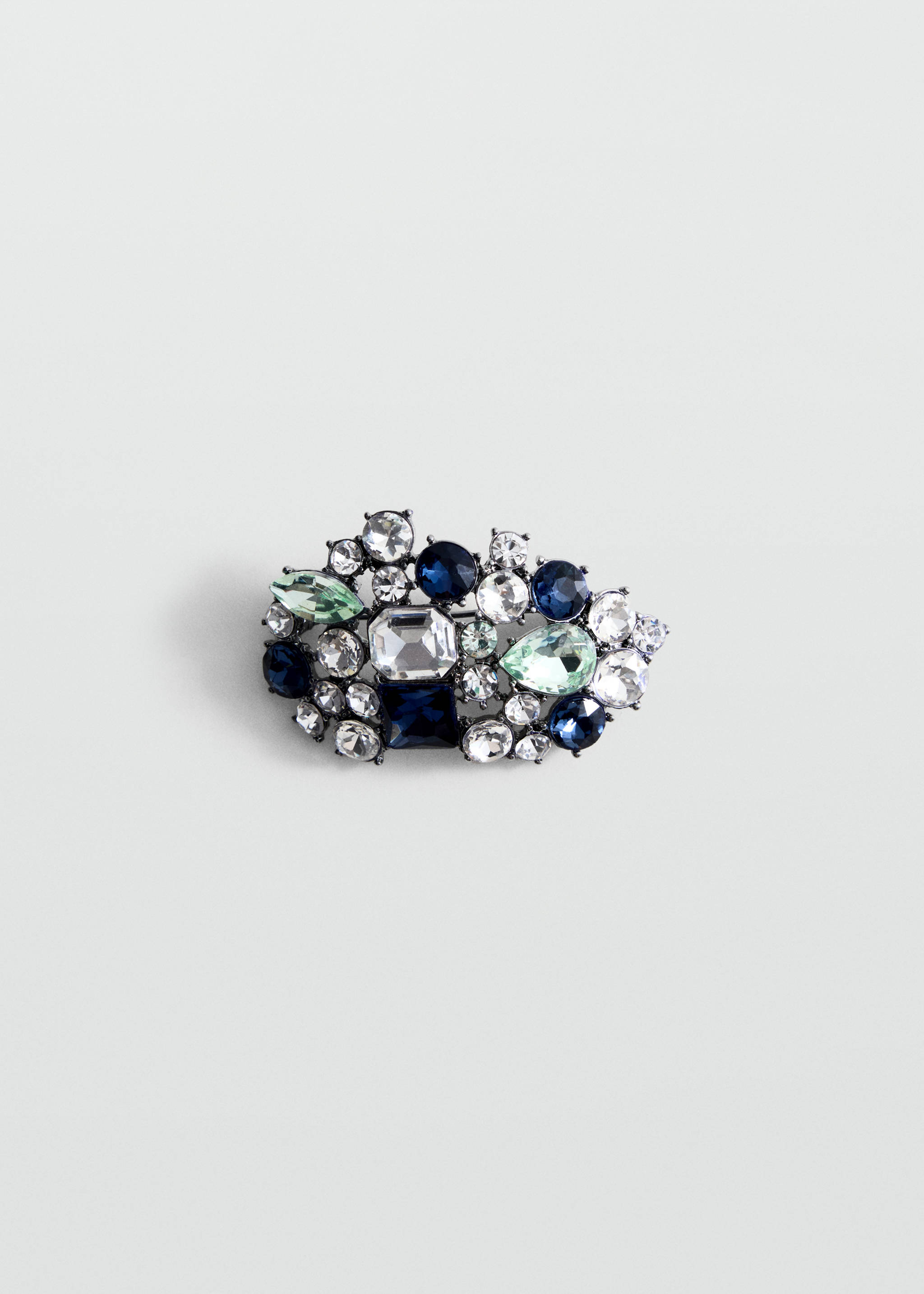 Decorative crystal brooch featuring a cluster of blue, green, and clear faceted rhinestones.
