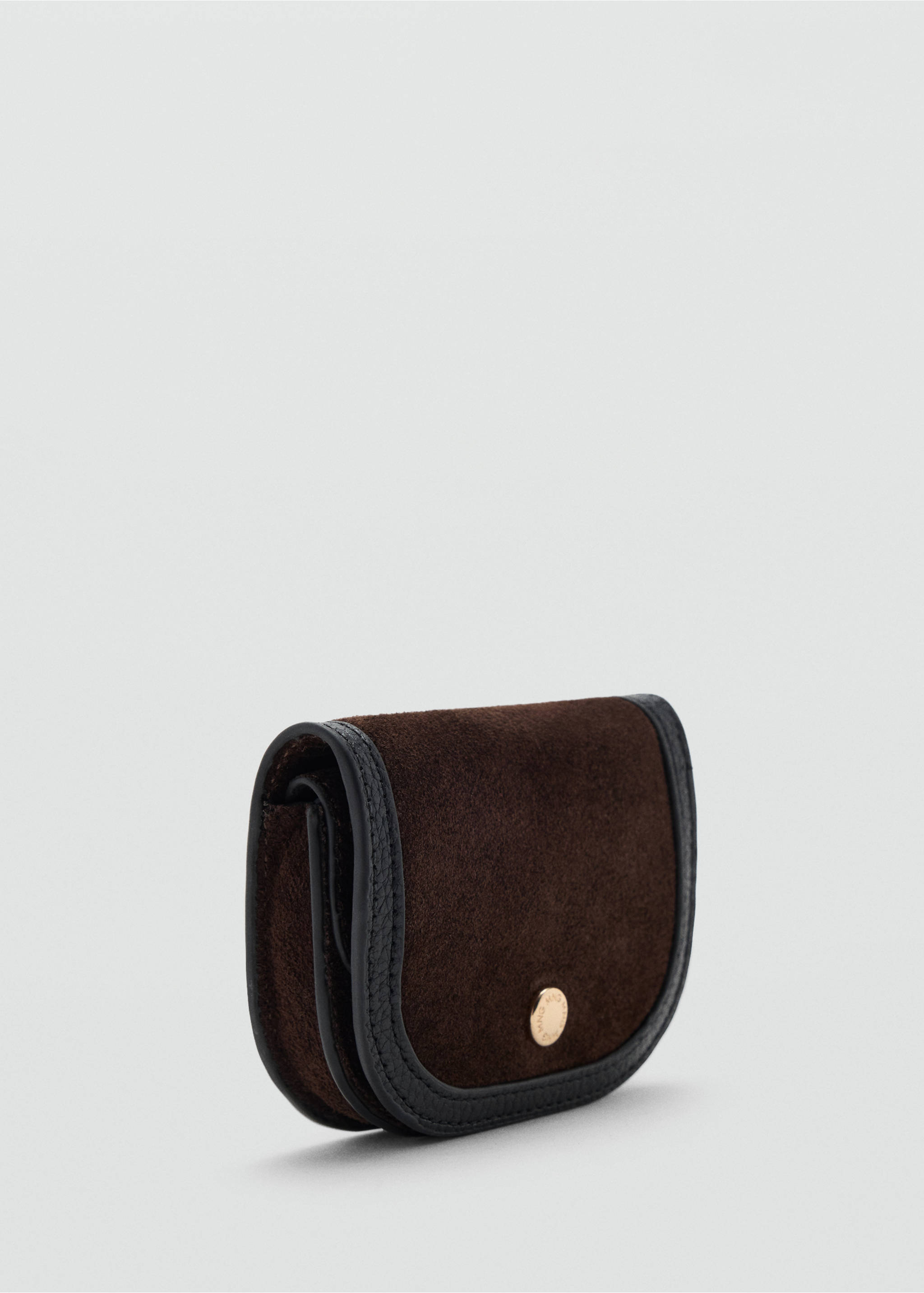 Brown suede wallet with black leather trim and gold-tone snap button., Chocolate. Ref: 47081389-00.
