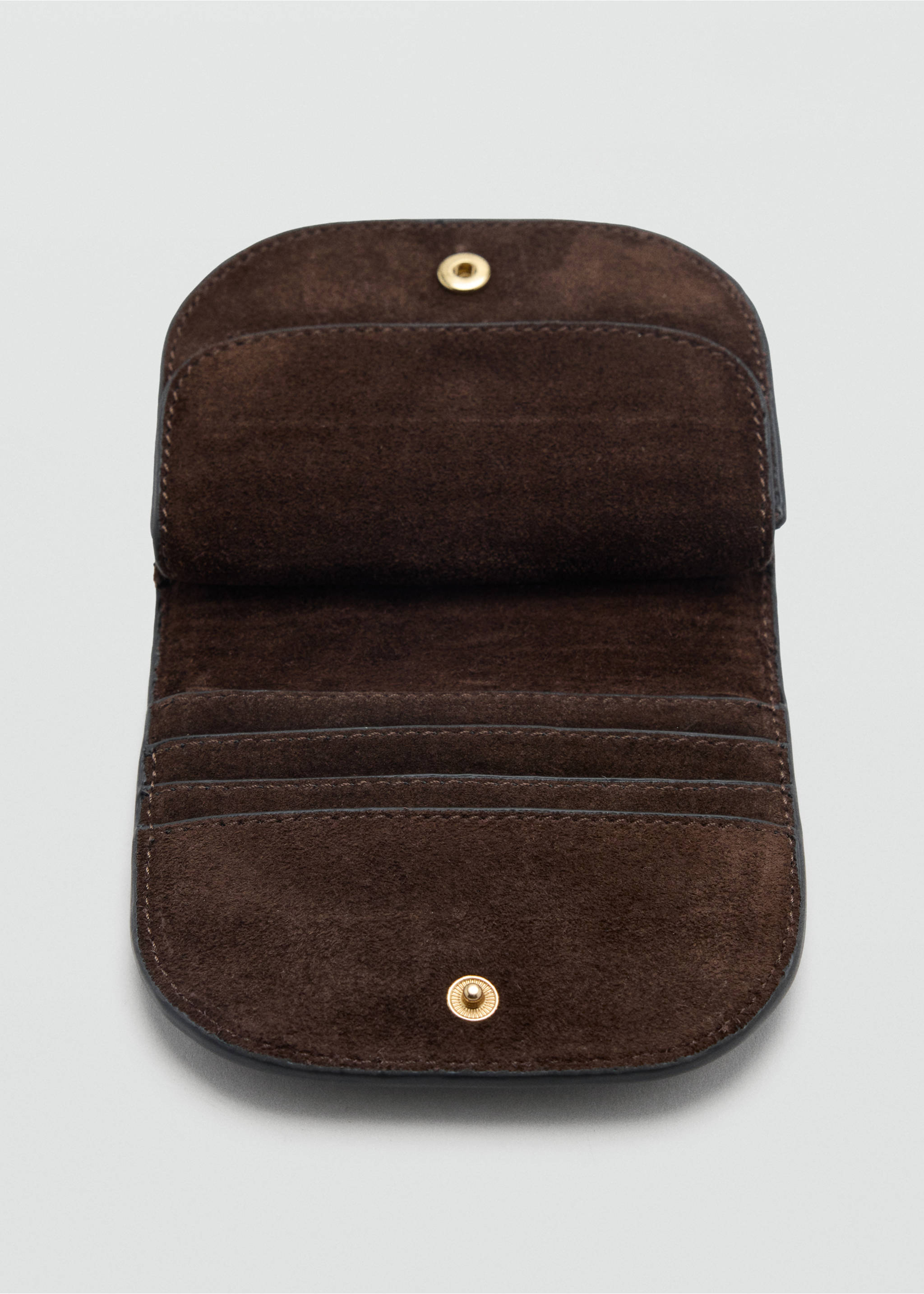 Dark brown suede wallet open interior showing card slots and gold snap buttons., Chocolate. Ref: 47081389-00.