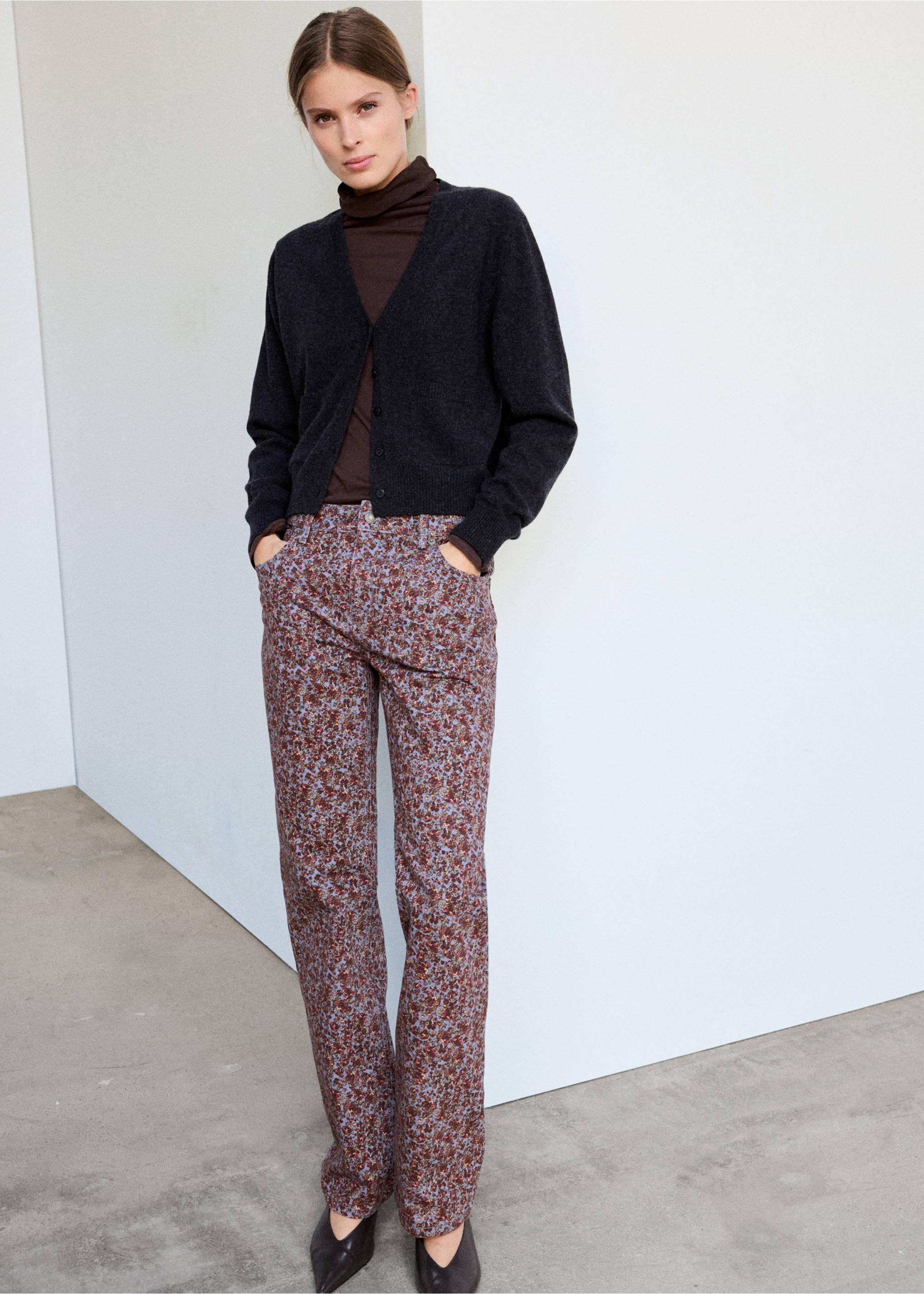 Blue printed denim trousers with a floral pattern, styled with a cardigan., Sky Blue. Ref: 47081424-00.