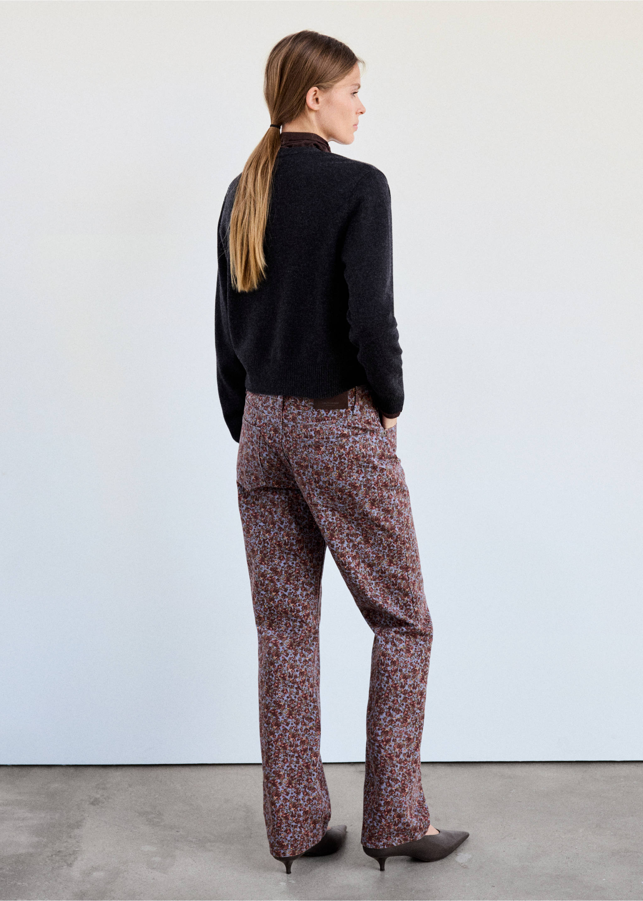 Back view of printed floral straight trousers in blue and brown., Sky Blue. Ref: 47081424-00.