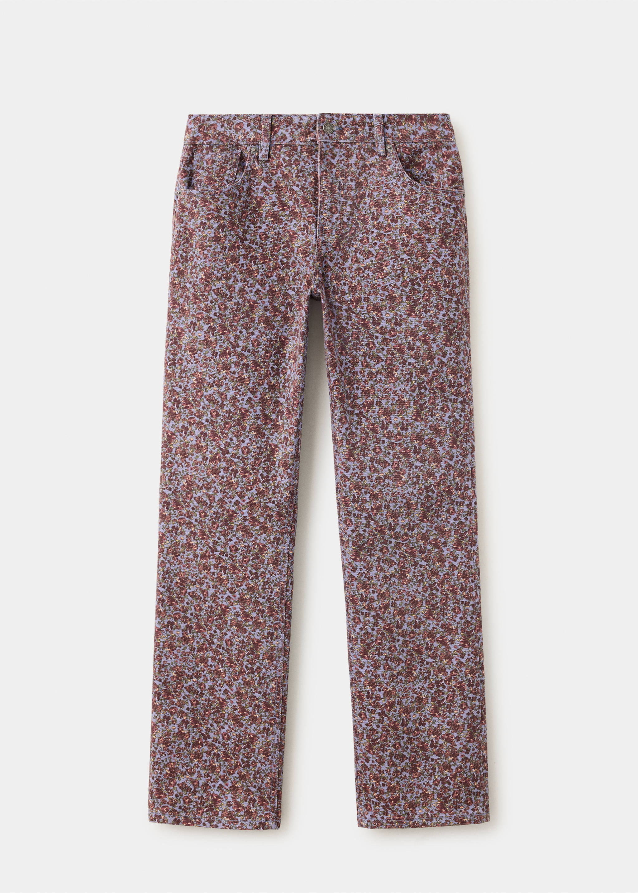 Mauve floral print straight-leg denim trousers with front pockets., Sky Blue. Ref: 47081424-00.