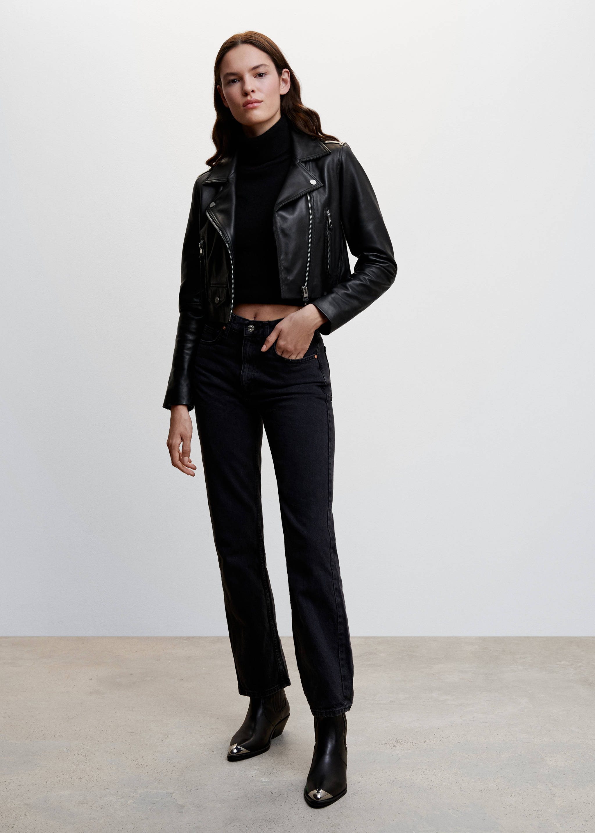 Cropped leather biker jacket - General plane