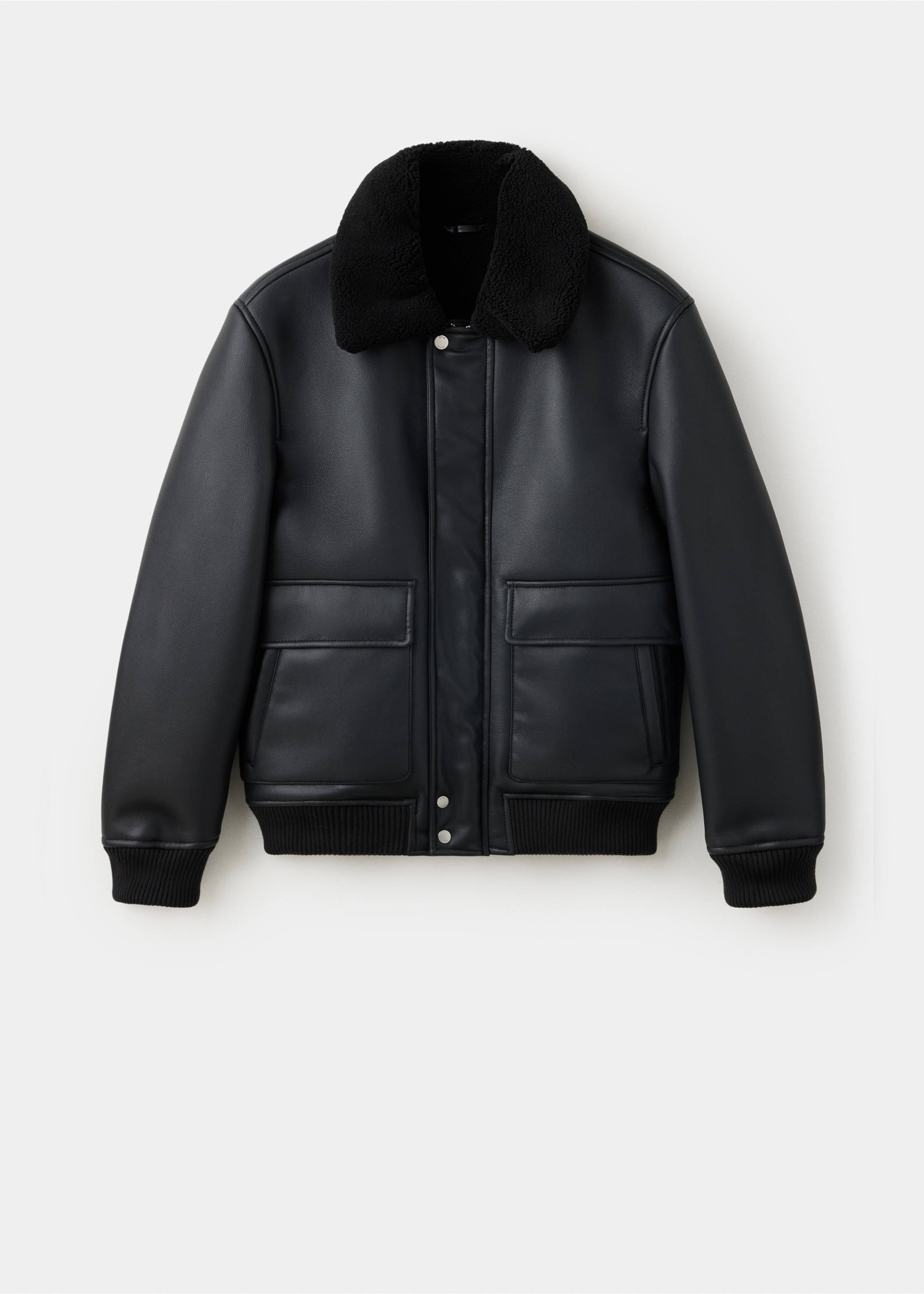 Black jacket with a faux-shearling collar and patch pockets., Black. Ref: 47091329-00.