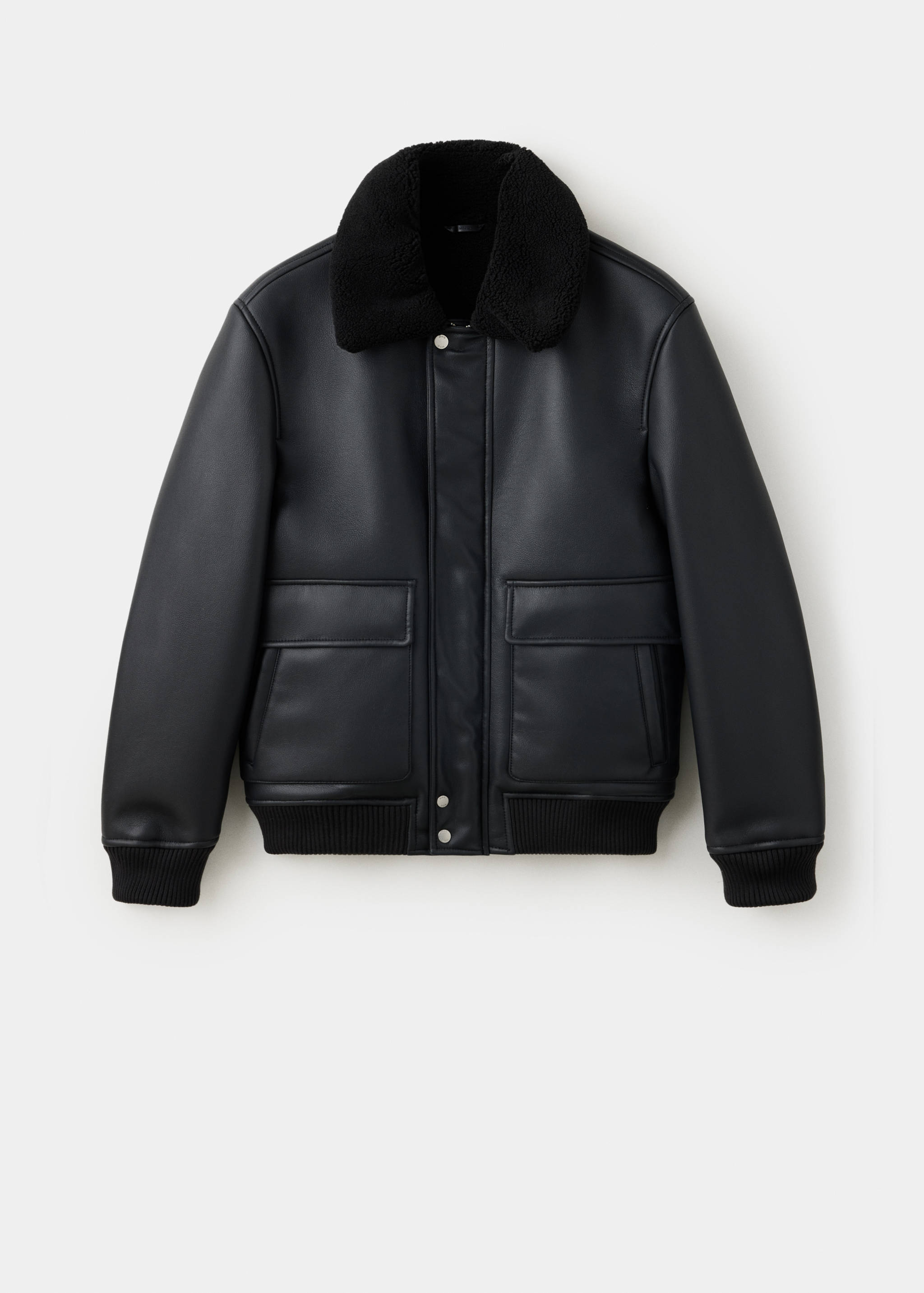 Black jacket with a faux-shearling collar and patch pockets.