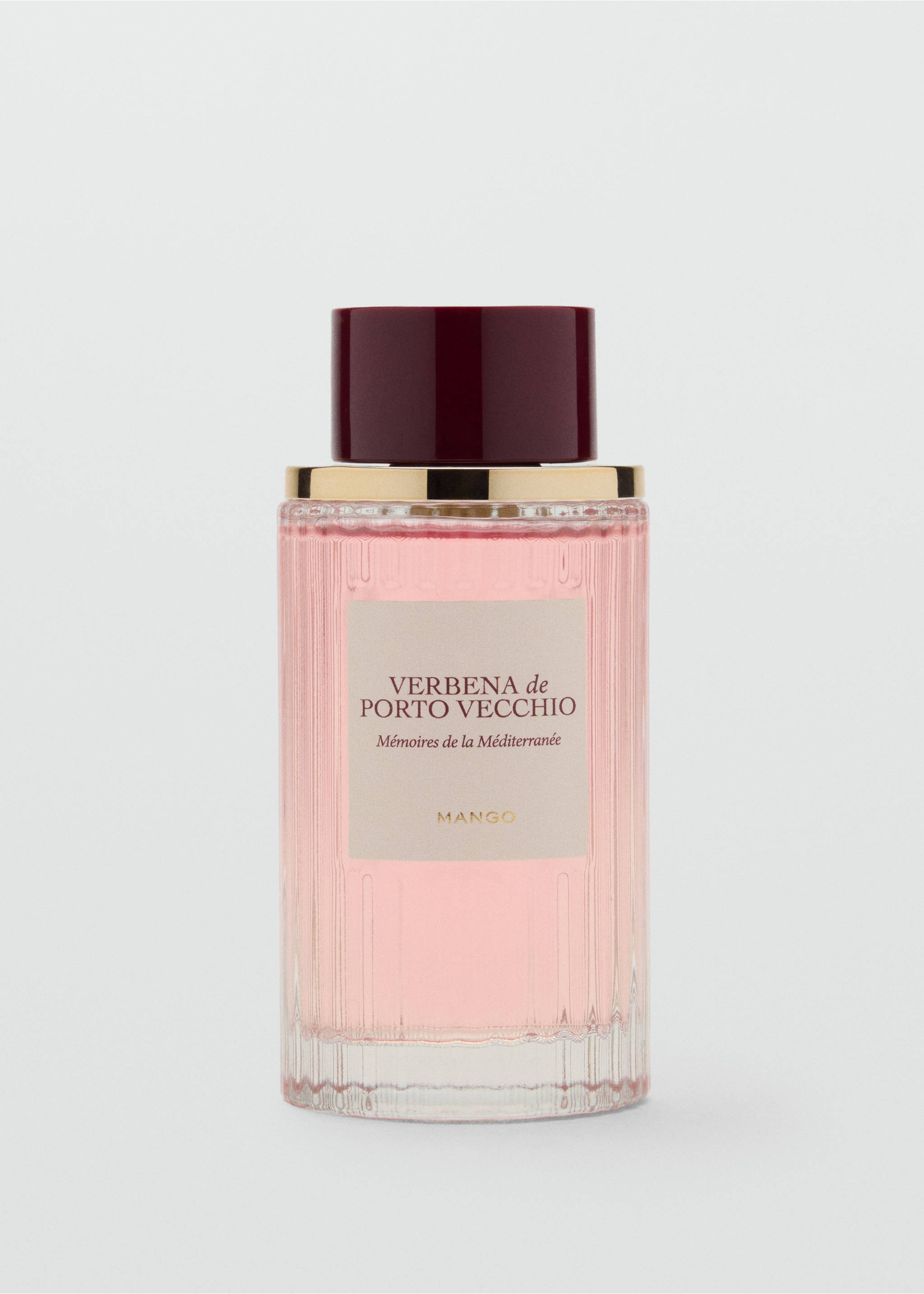 Frasco de perfume rosa de vidrio acanalado, cuello dorado y tapón burdeos., Gris visón. Ref: 47091332-00.